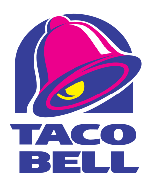 Taco Bell logo with a purple bell and yellow bell inside, with blue text.