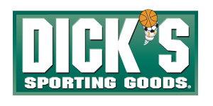 Logo for Dick's Sporting Goods with text and a basketball graphic