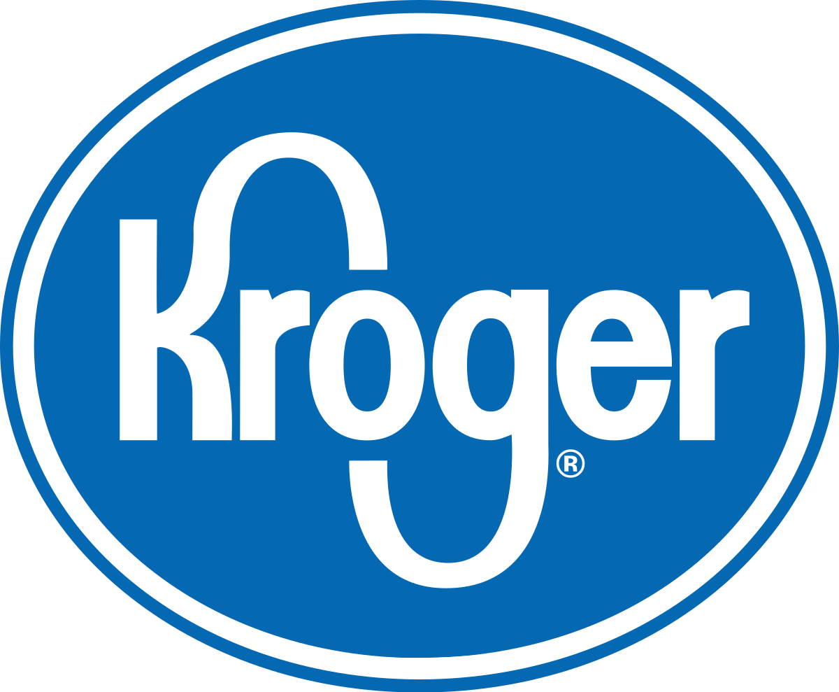 Kroger logo, blue oval with white text and outline.