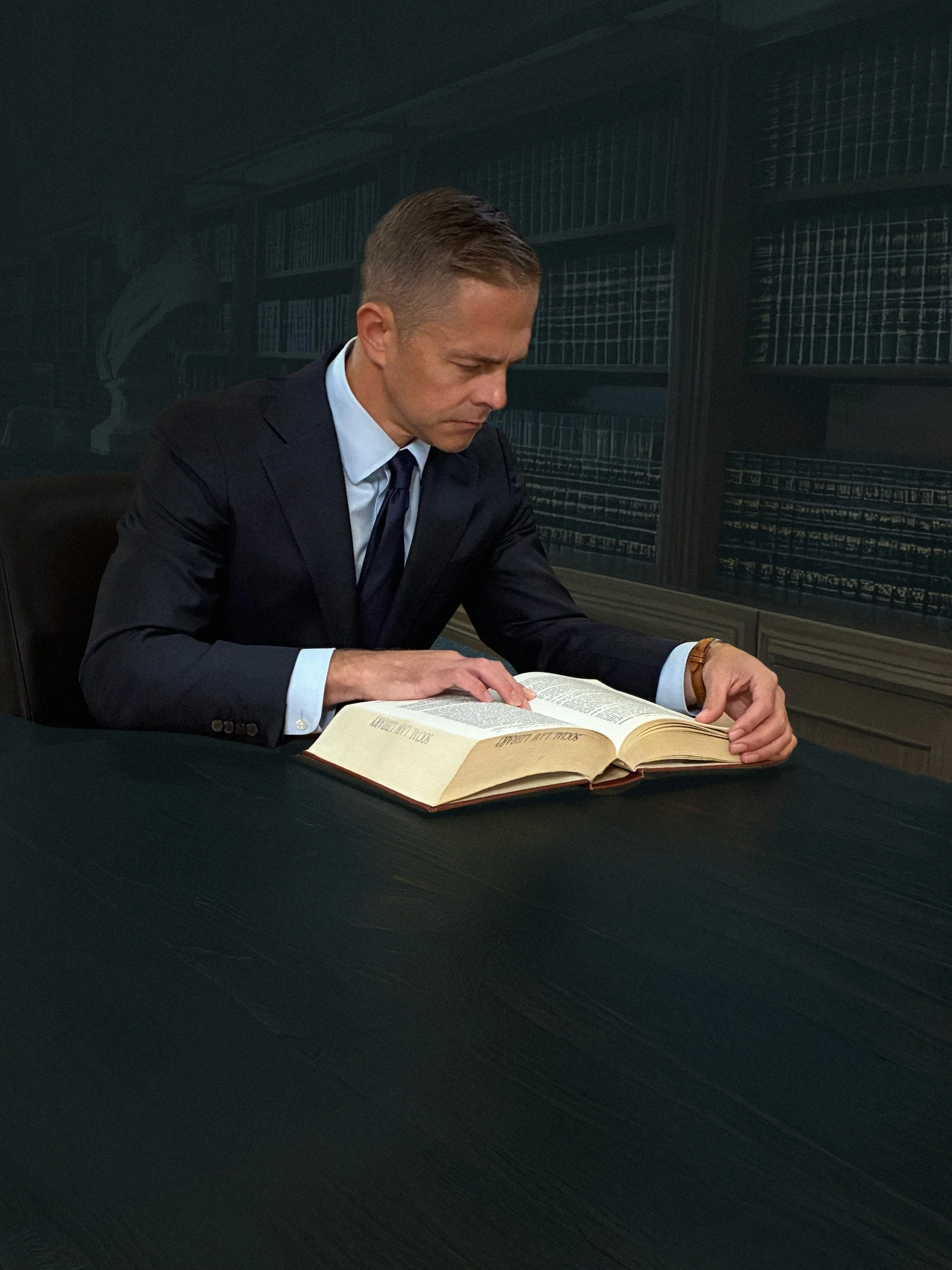 Attorney Lucas Newbill in a dark suit, white shirt, and dark tie reading a book at a dark, wood-paneled table in a library.
