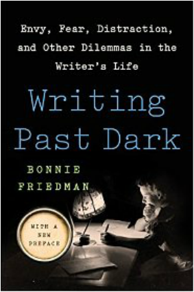 Book cover titled 'Envy, Fear, Distraction, and Other Dilemmas in the Writer's Life' by Bonnie Friedman, with the title 'Writing Past Dark' in blue text, featuring a person writing at a desk in a dark room.