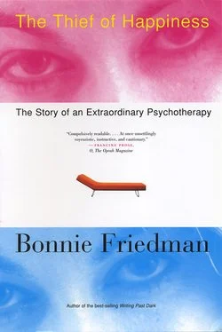 Book cover of 'The Thief of Happiness' by Bonnie Friedman, featuring a pink background with eyes at the top, a white band with subtitle and a small orange bed illustration, and a blue bottom section with the author's name.