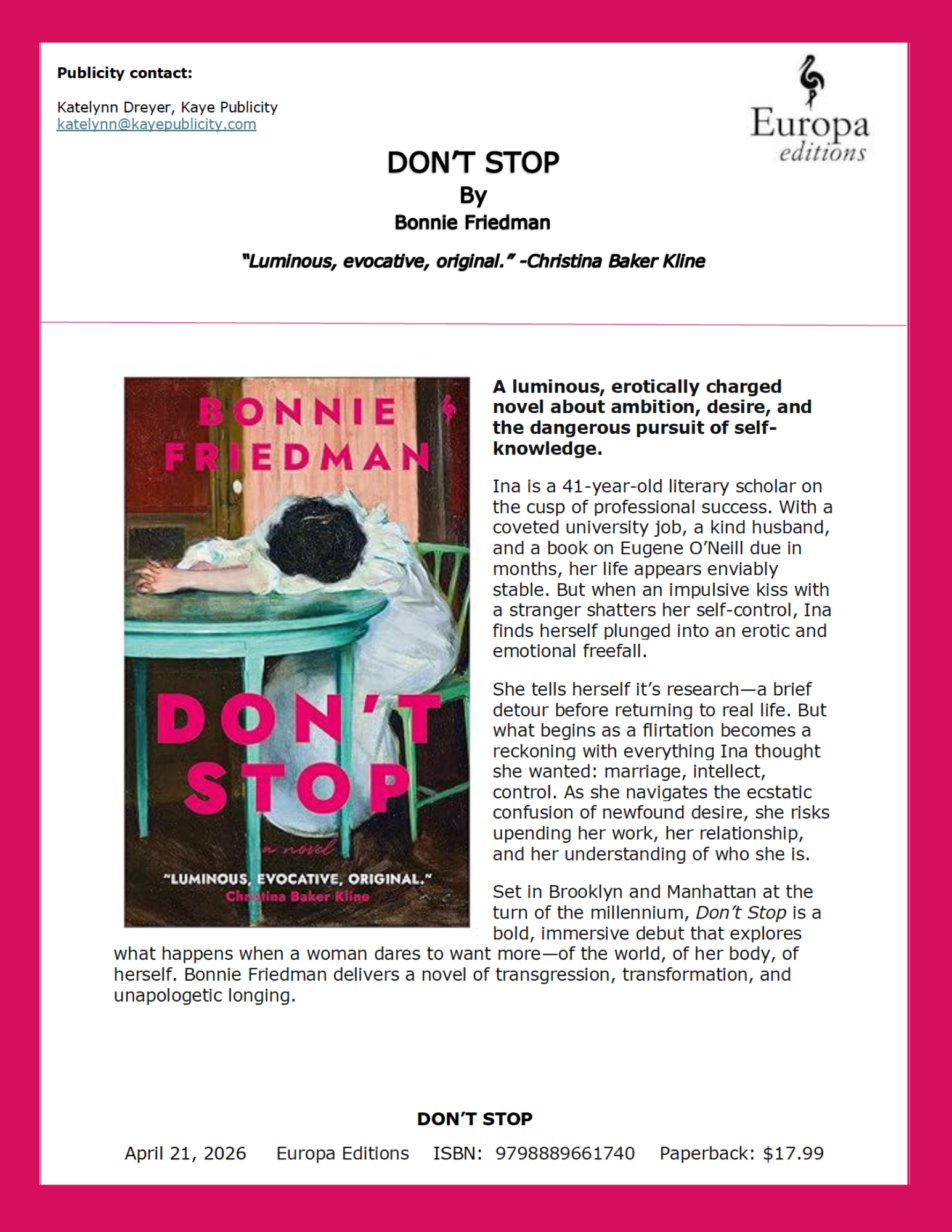 Book cover of "Don't Stop" by Bonnie Friedman featuring a woman with dark hair resting her head on her arms on a teal table.