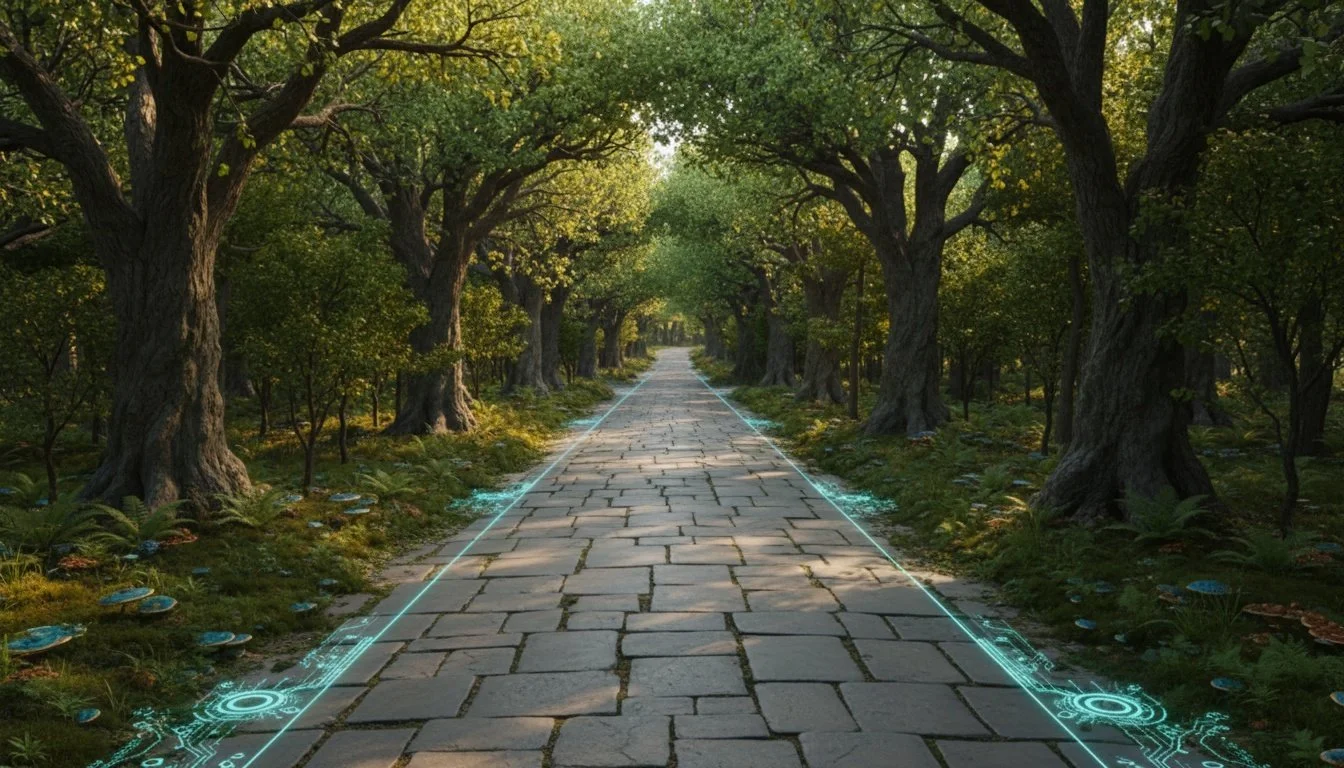 A stone pathway through a forest with trees on both sides. There are glowing blue digital lines and circuit-like designs overlaying the edges of the path, suggesting a blend of nature and technology for vendor evaluation and unbiased software. 