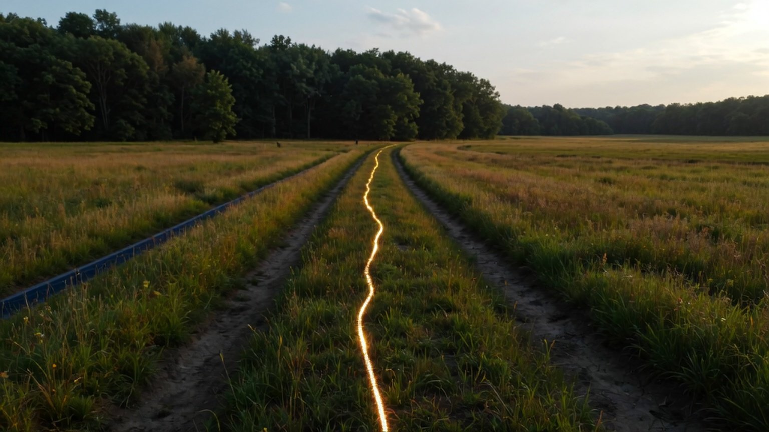 A dirt path through a grassy field with a glowing yellow line running along the center, representing IT transformation support during mergers and carve-outs.