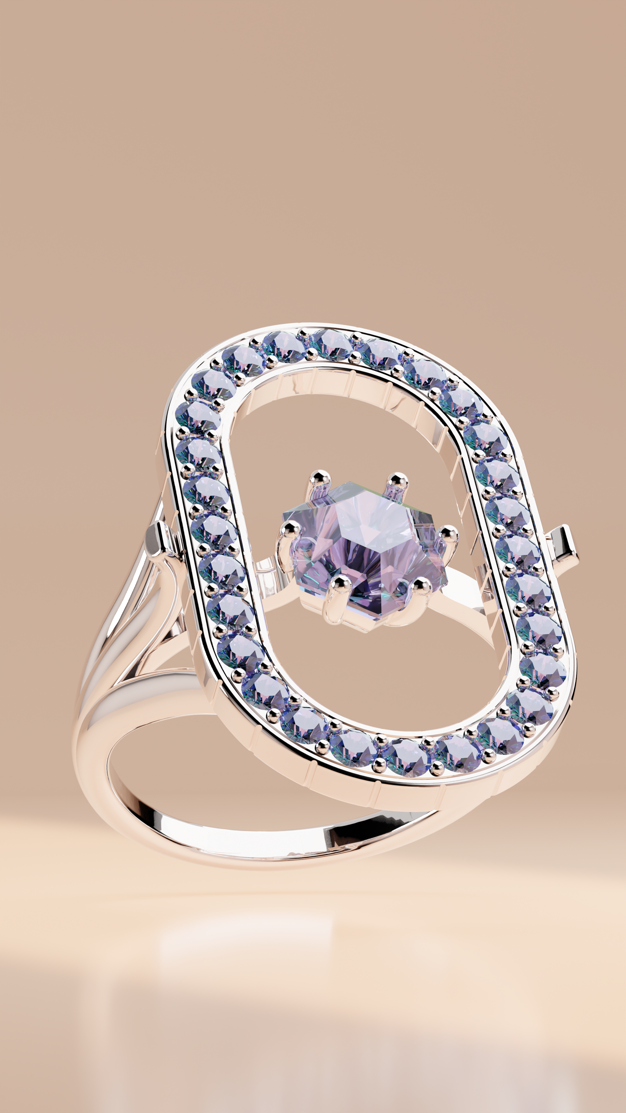 Bague en or blanc avec un diamant central en forme de cube entouré de petits diamants ovales.