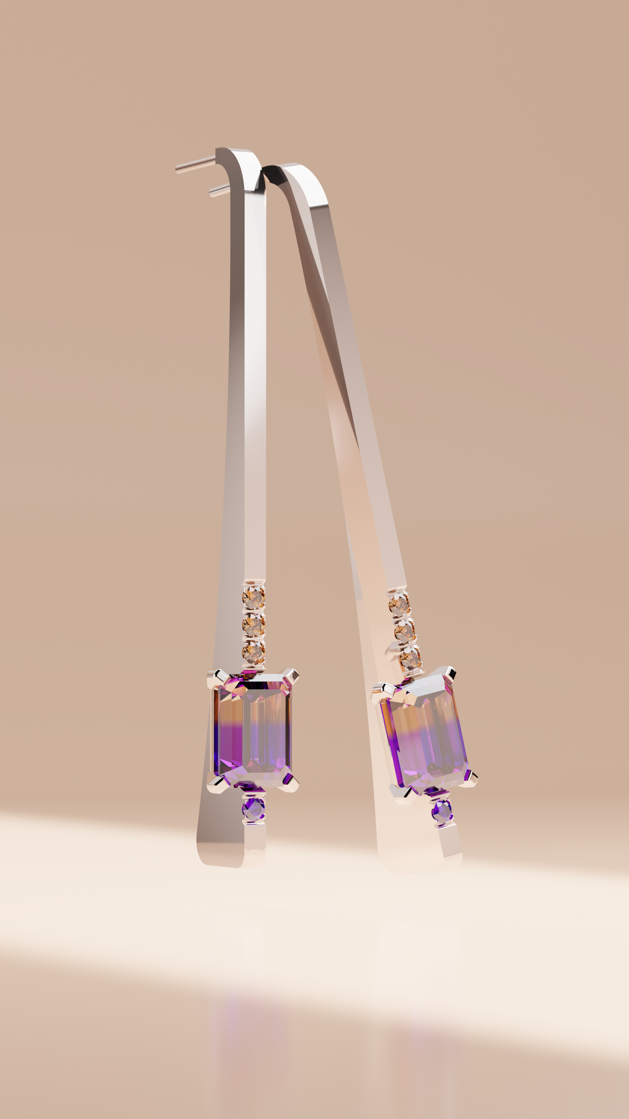 Boucles d'oreilles en or blanc avec une pierre rectangle violette et des petites pierres rondes claires en haut.
