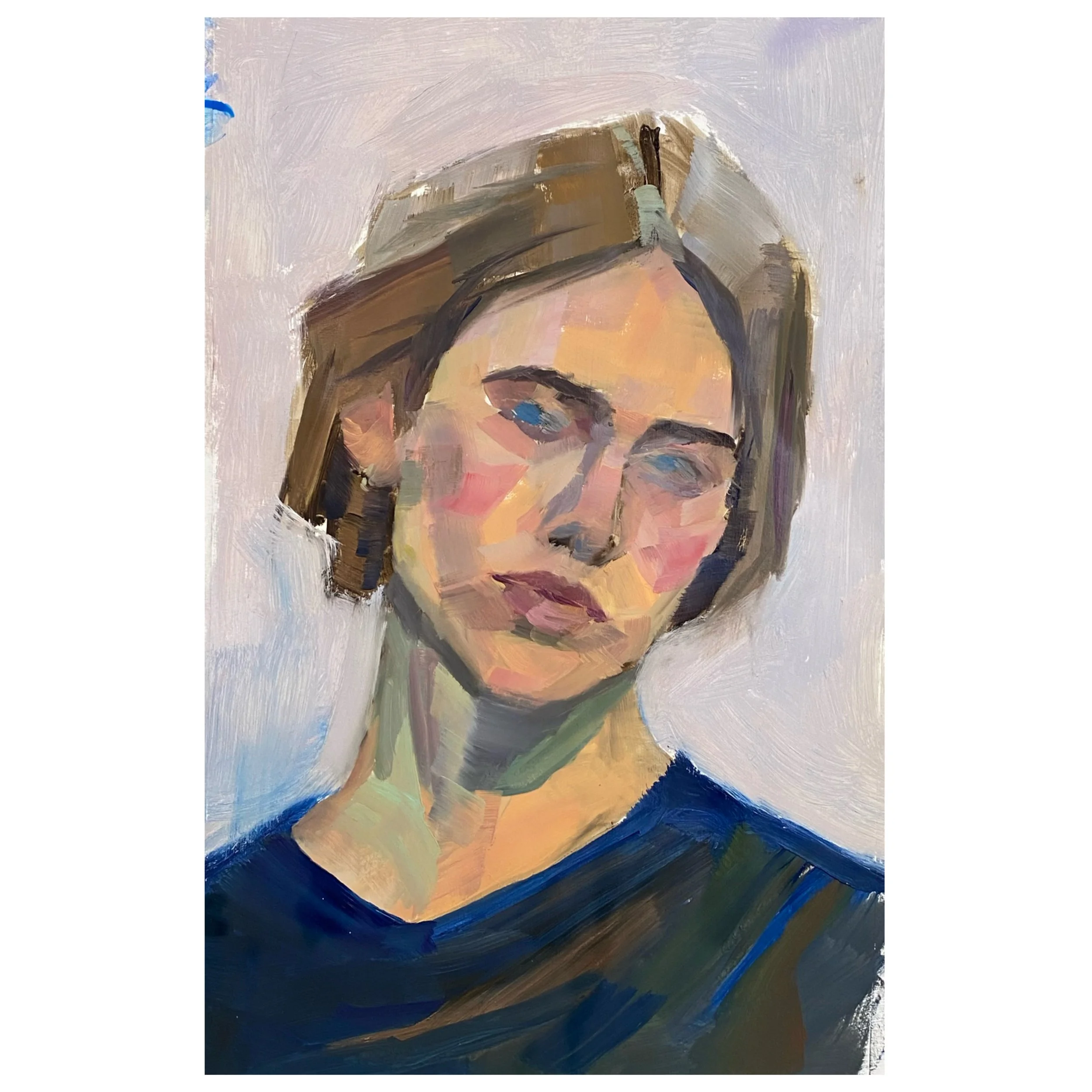 An impressionistic portrait of a woman with short brown hair, blue eyes, and fair skin, wearing a dark blue top, against a light-colored background.
