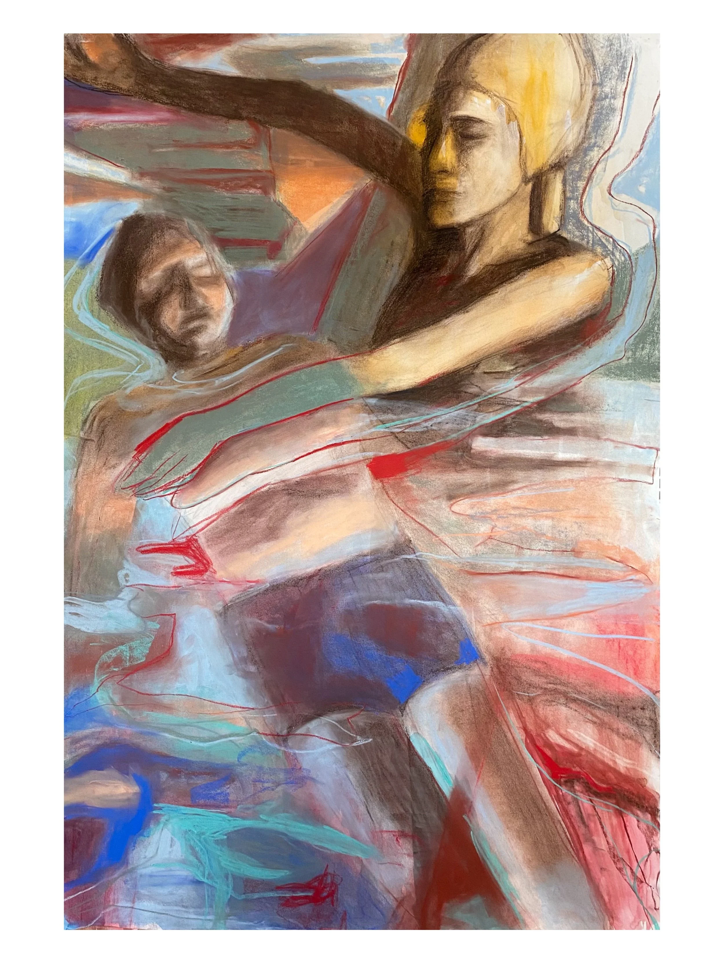 An abstract painting depicting two figures (a man and a woman) swimming, with a mix of soft and bold brushstrokes, featuring warm and cool tones.