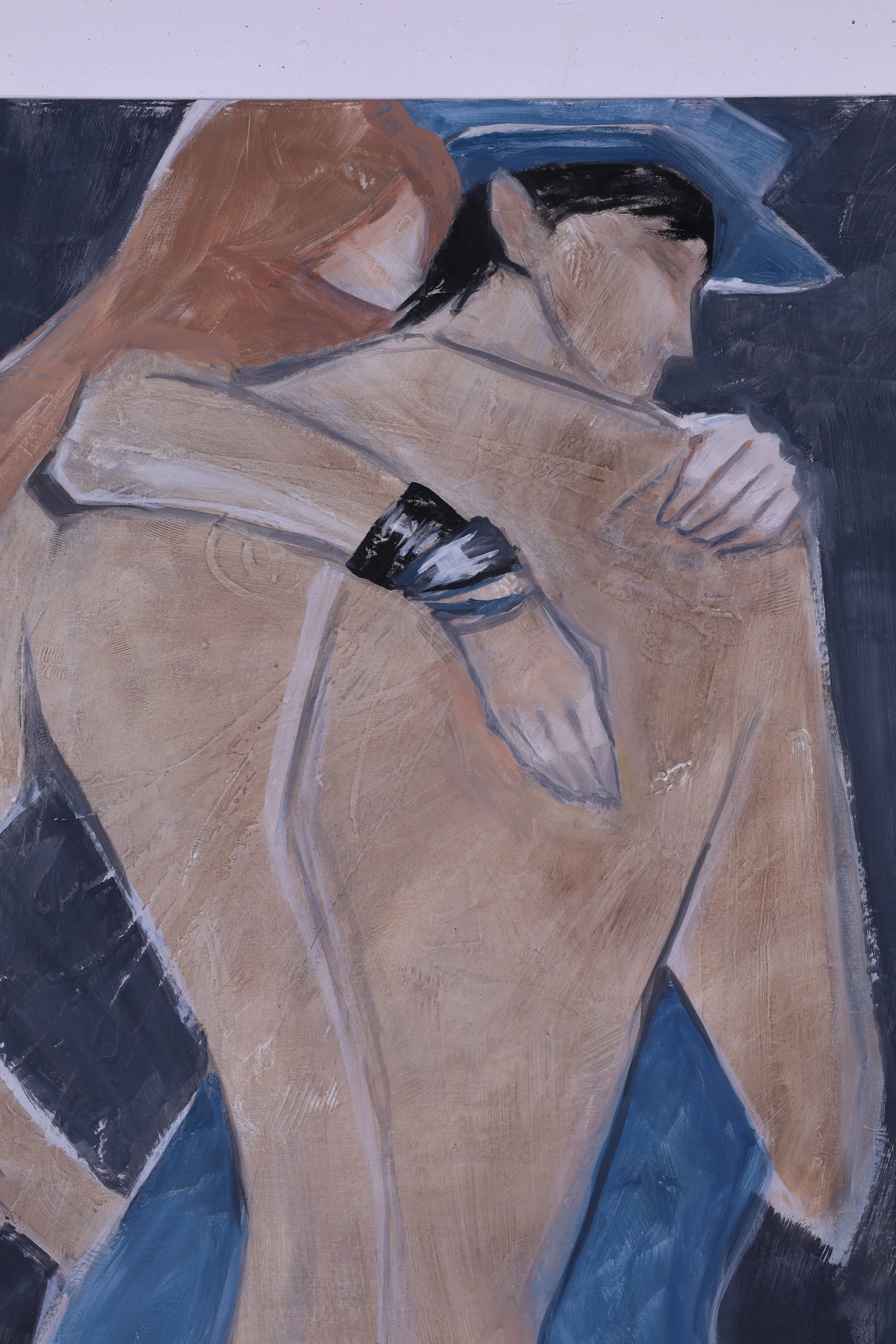 Semi-abstract painting of a man viewed from the back, holding a woman dark background. The woman is wearing blue jeans, and the man is wearing a police cap, shirtless.