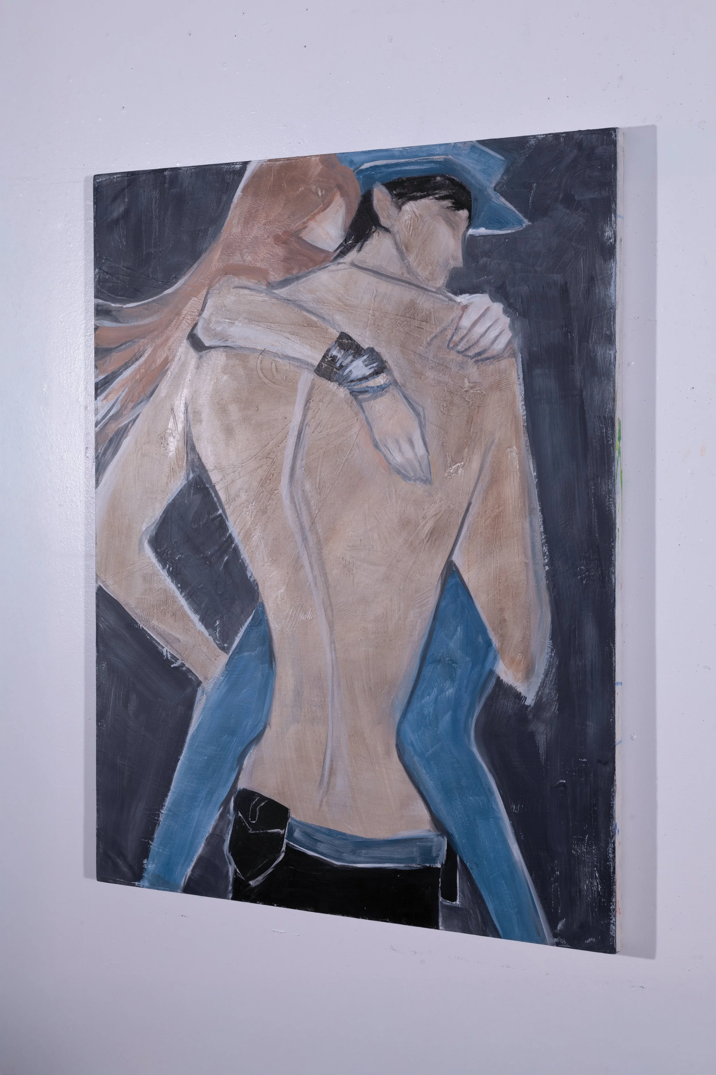 Semi-abstract painting of a man viewed from the back, holding a woman dark background. The woman is wearing blue jeans, and the man is wearing a police cap, shirtless.