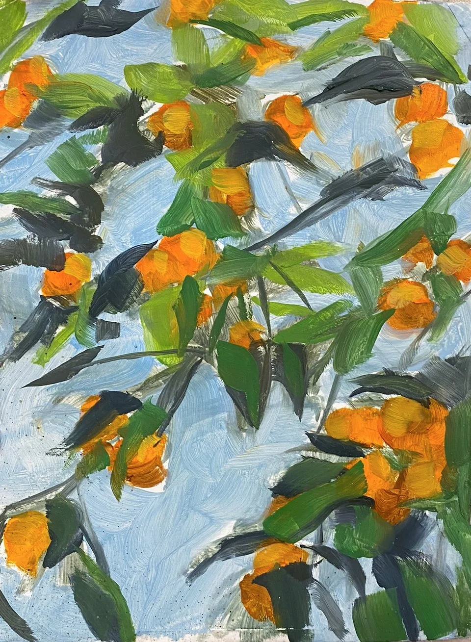 Oil painting of oranges and green leaves on branches against a blue background.
