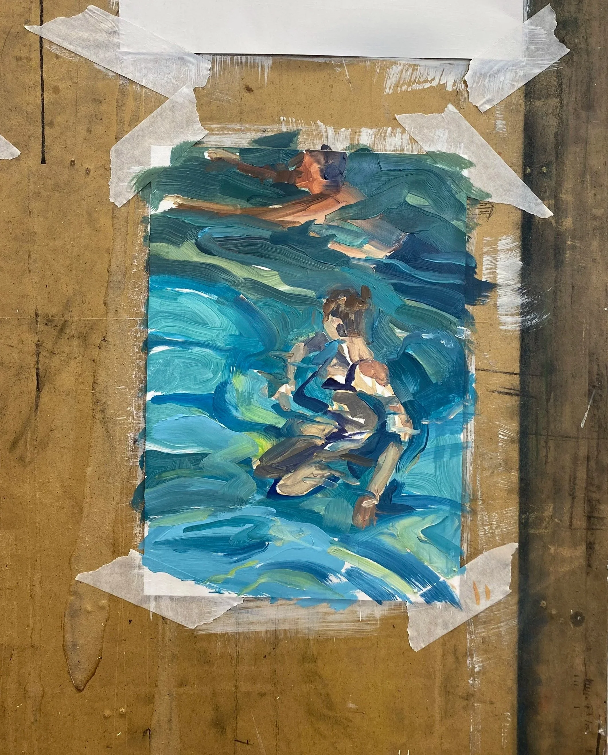 A painting of a woman sitting on rocks by the water, with waves and sky in the background, created with thick, expressive brushstrokes in shades of blue, green, and beige.