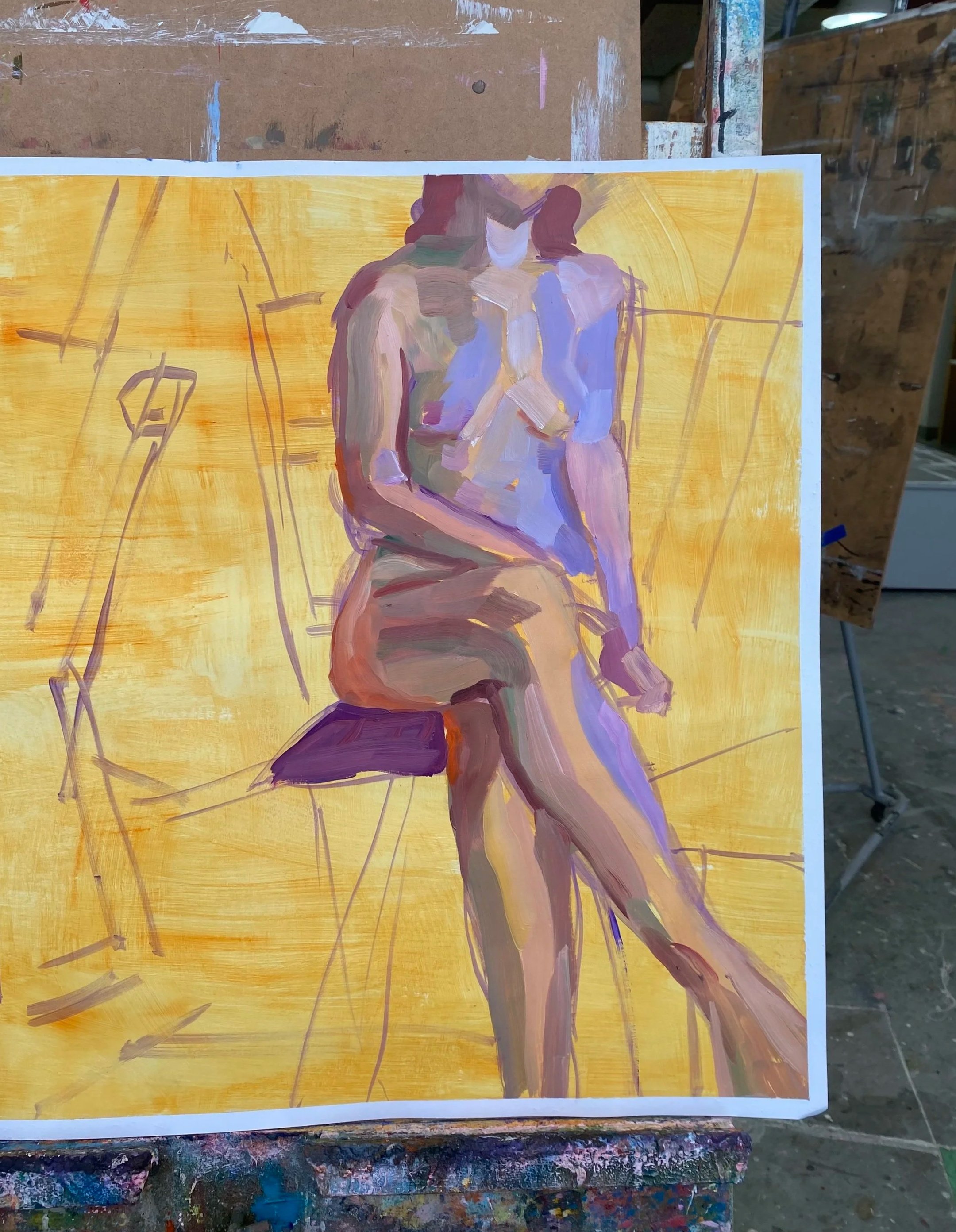 An abstract painting of a seated woman with crossed legs, painted with bold brushstrokes on a yellow background.