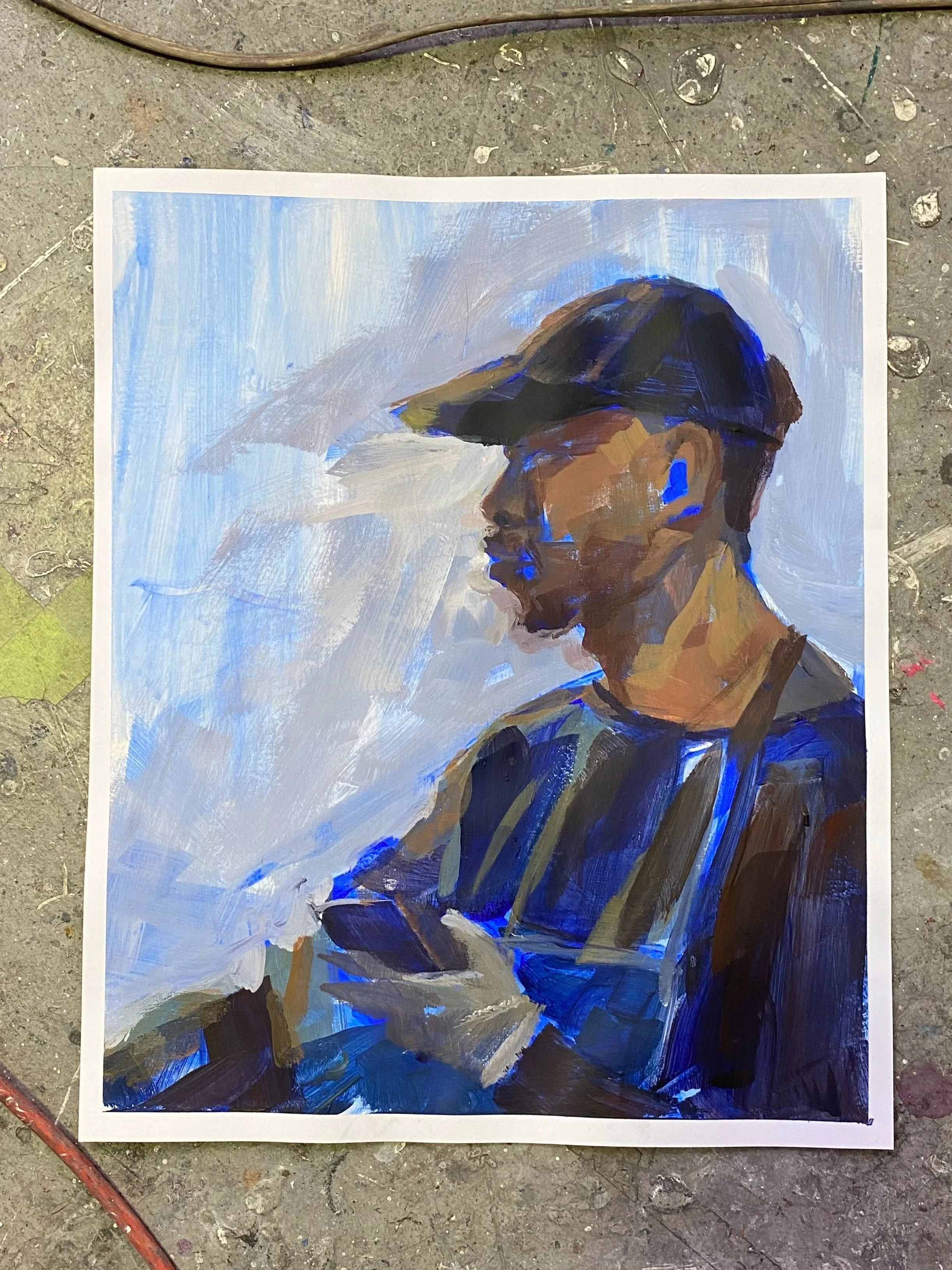 A painted portrait of a man wearing glasses, a book bag, and a cap, looking at his phone. The background is a mix of blue and white brushstrokes.