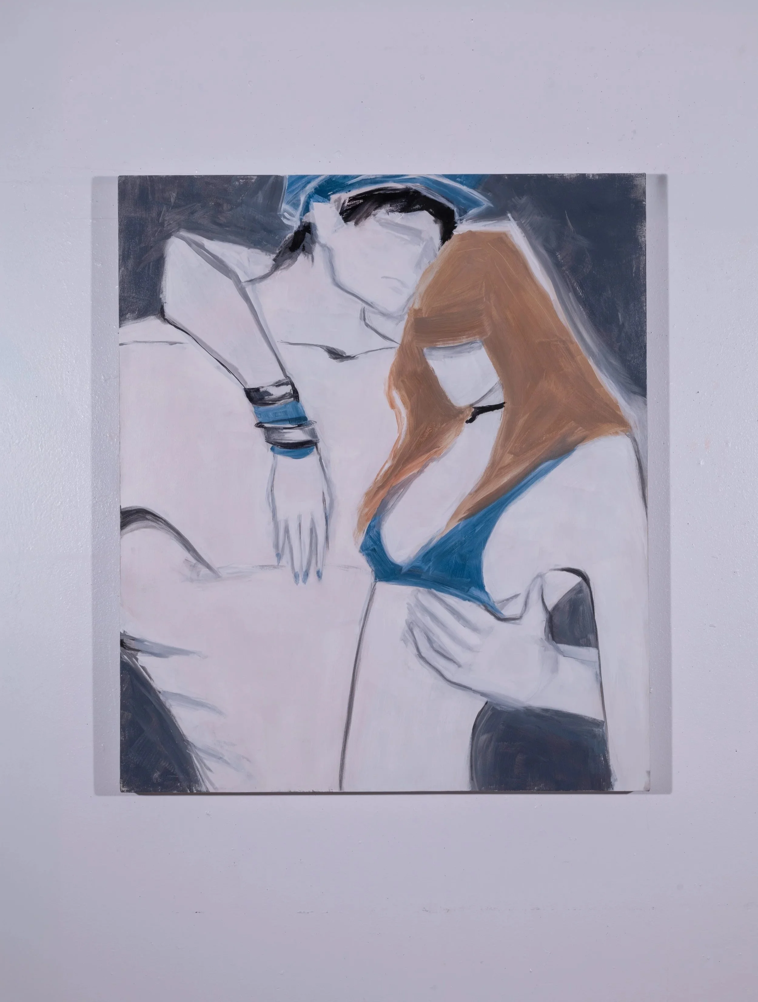 Abstract painting of a man and woman standing close together, with the woman's hair flowing down her shoulders. The woman is wearing a blue top and the man is wearing a police cap, shirtless.