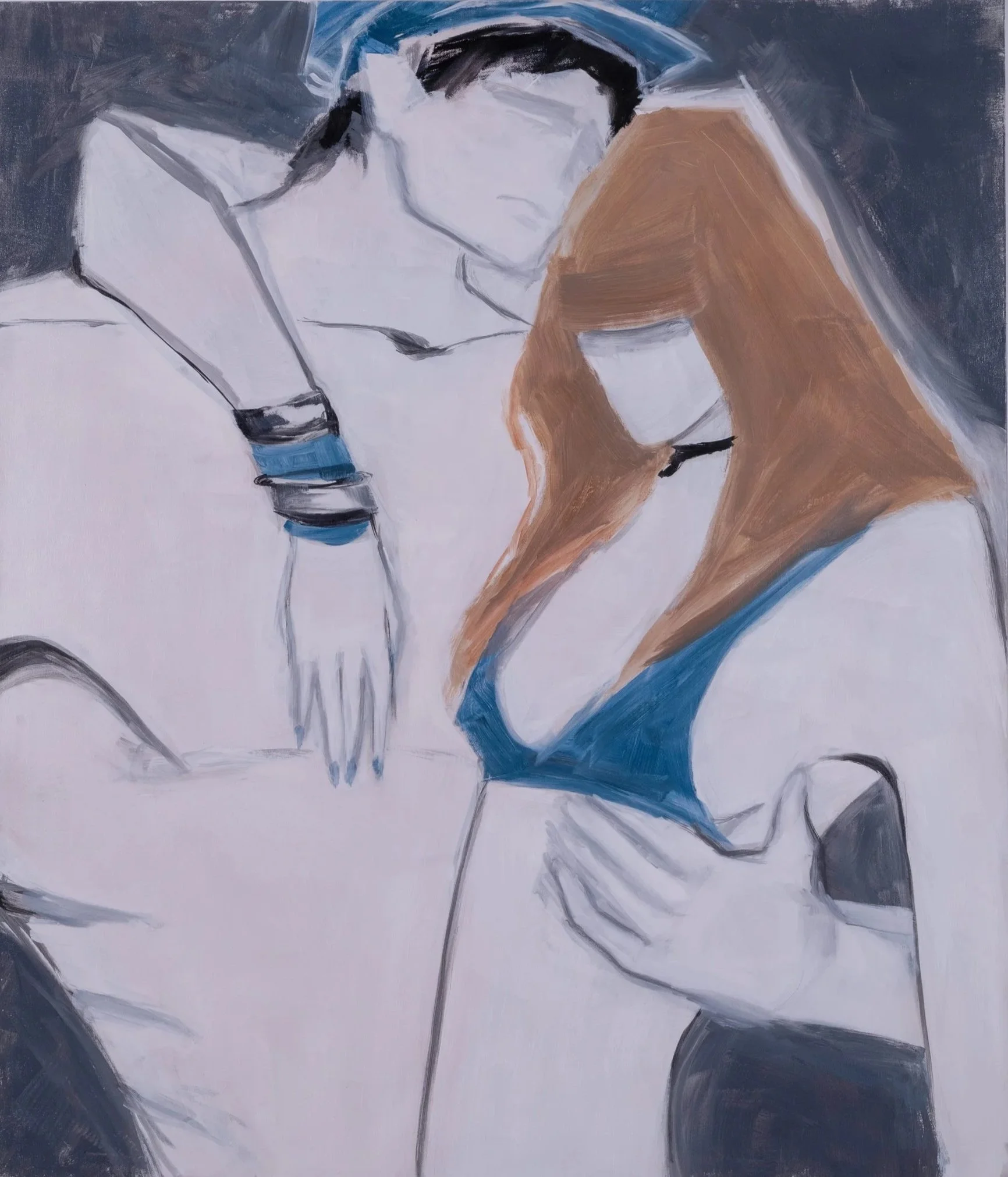 Abstract painting of a man and woman standing close together, with the woman's hair flowing down her shoulders. The woman is wearing a blue top and the man is wearing a police cap, shirtless.