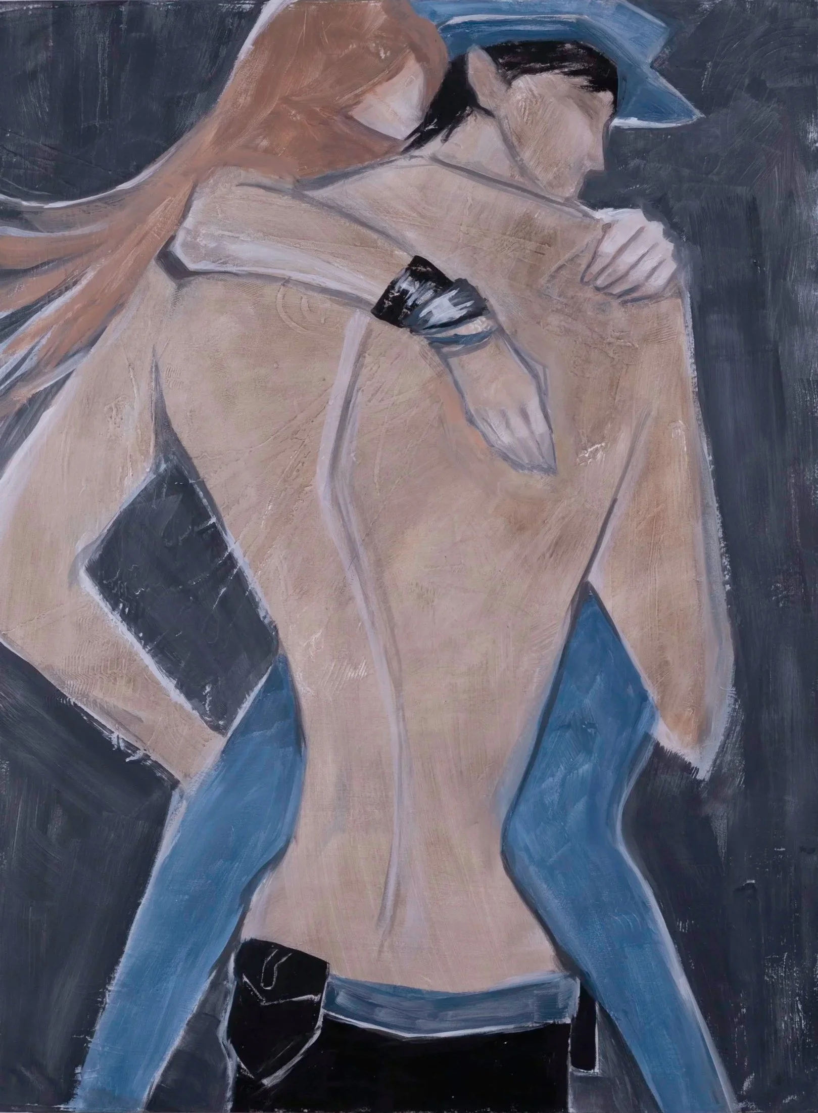 Semi-abstract painting of a man viewed from the back, holding a woman dark background. The woman is wearing blue jeans, and the man is wearing a police cap, shirtless.