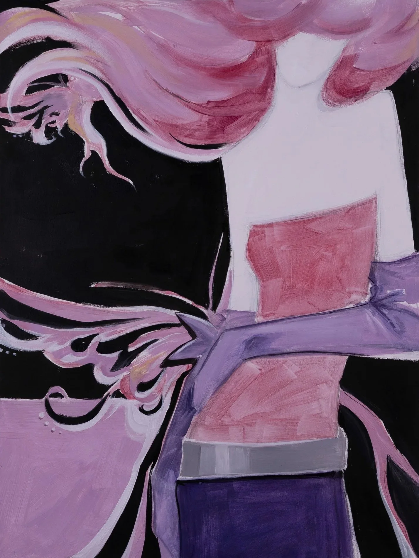 An abstract painting of a woman with pink hair, wearing a strapless pink dress and purple gloves, standing with her arms crossed against a black background.