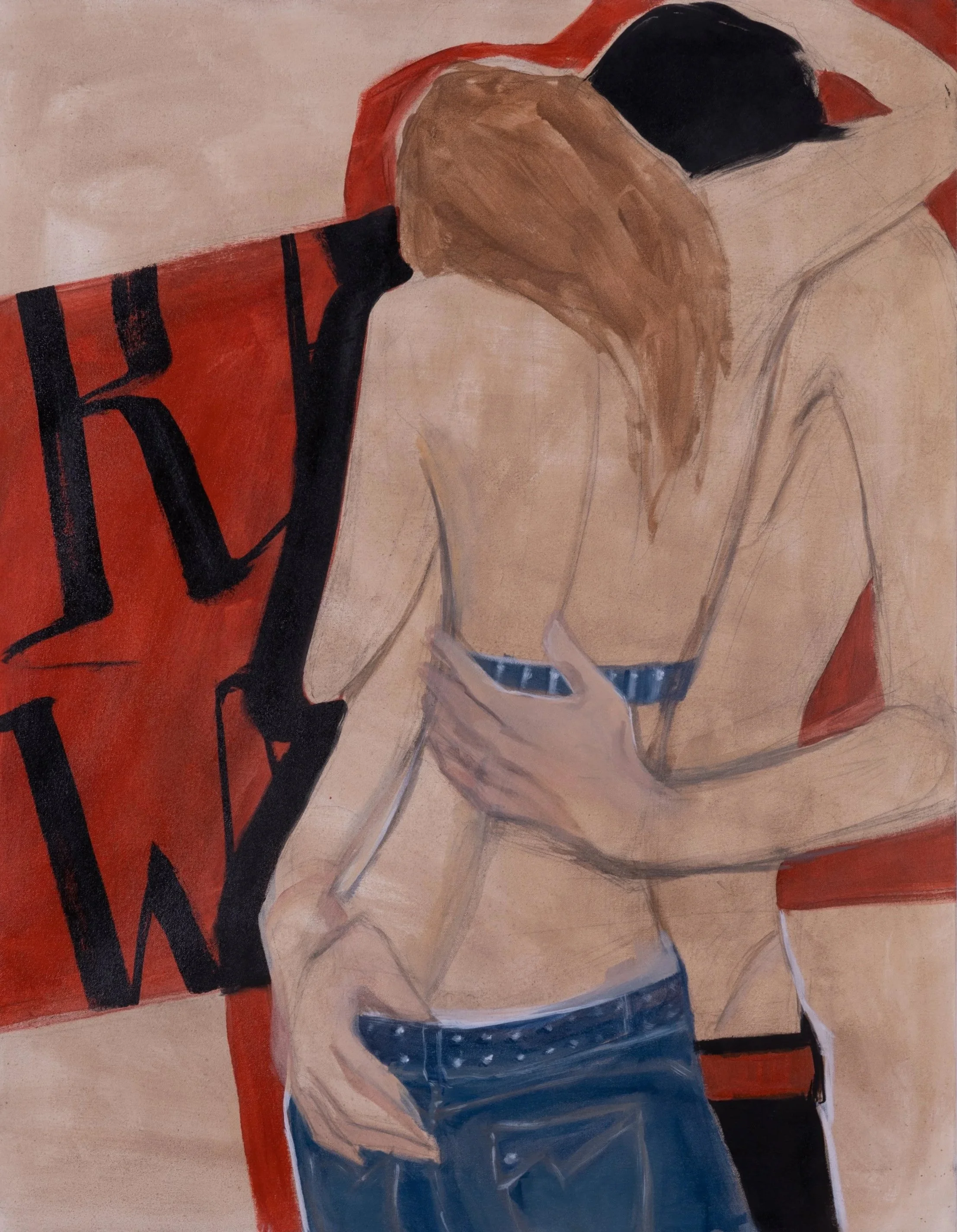 A painting of a woman with long blonde hair, wearing blue jeans and top, viewed from back, with her hands hugging a man. There is a red background with black text that reads as "RAW".