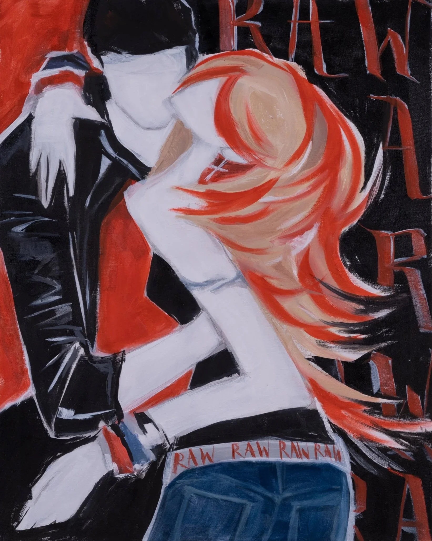 Painting of a couple embracing, with the woman having long red hair and wearing blue jeans with the words 'RAW RAW RAW' on the waistband, and the man in a black leather jacket and black pants, against a black background with red text.