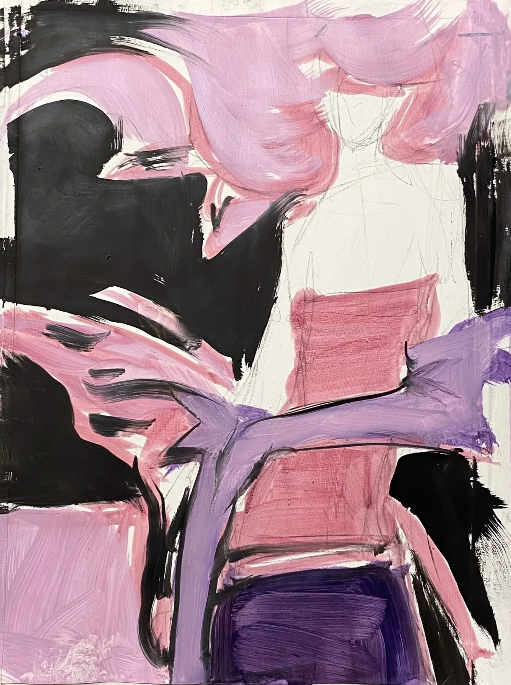 Abstract painting of a woman with pink hair, standing next to a pink butterfly, using black, pink, purple, and white brushstrokes.