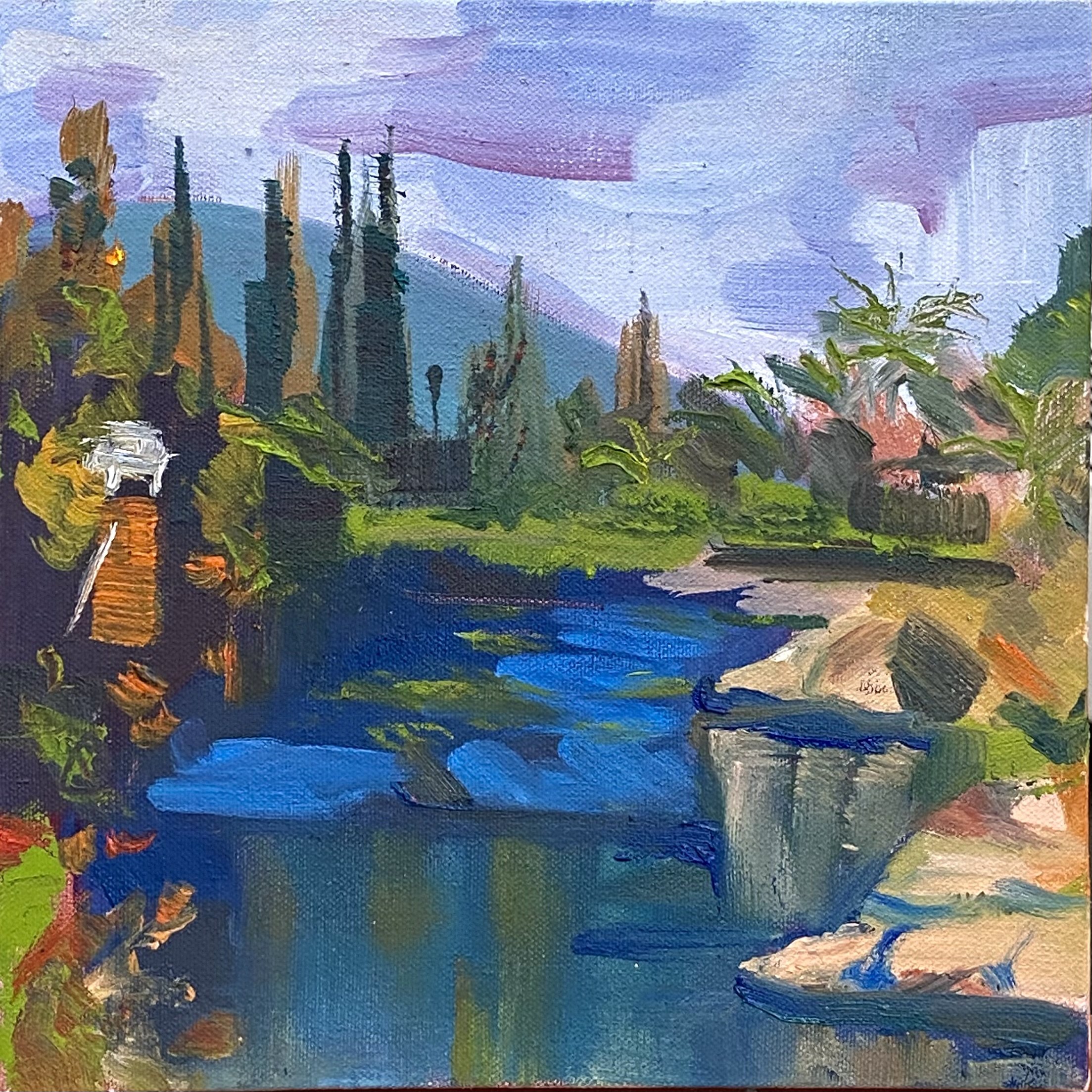 An impressionistic painting of a river with a hillside and trees in the background.