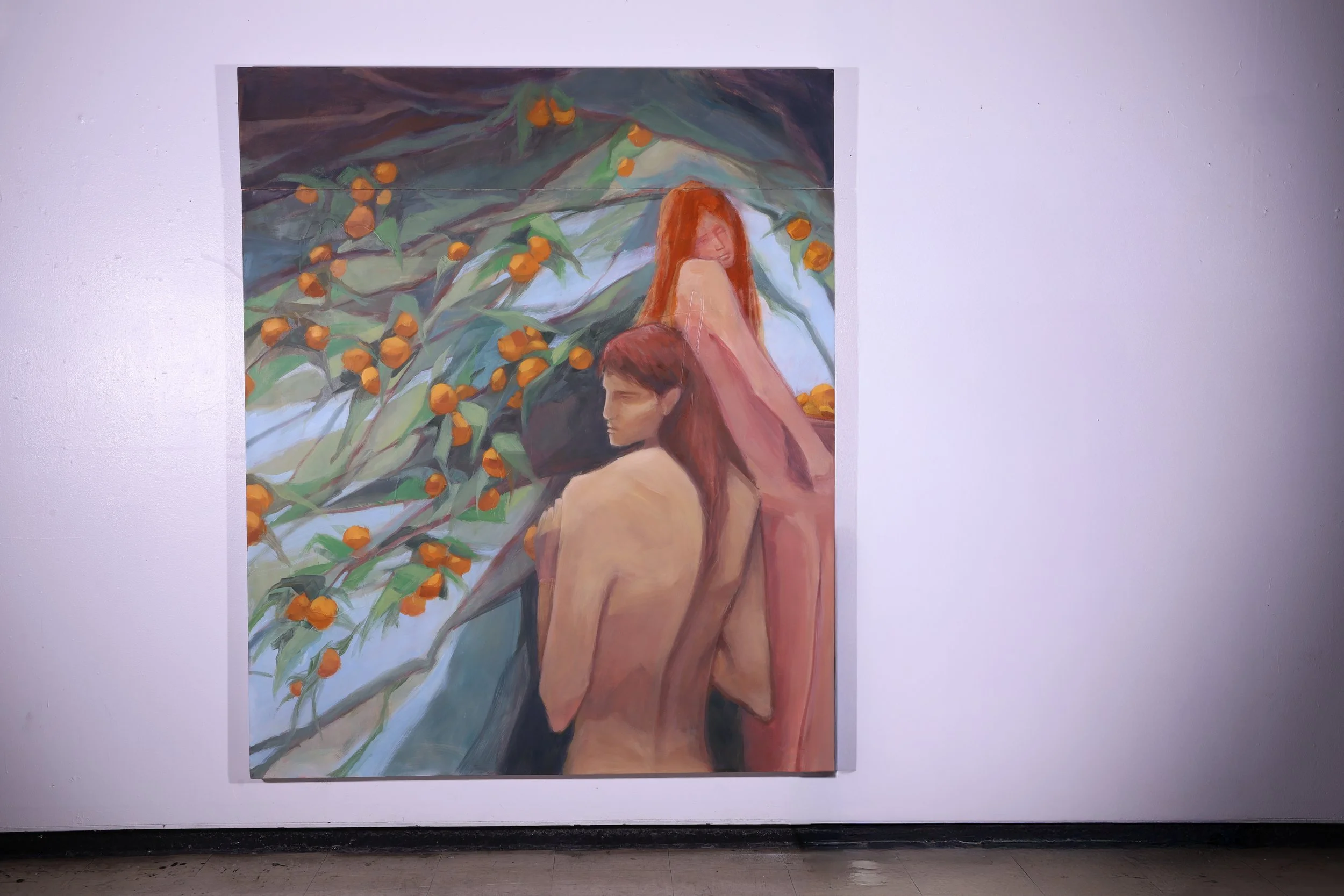 Painting of two figures with long hair, one with red hair and the other with brown hair, surrounded by green leaves and oranges.