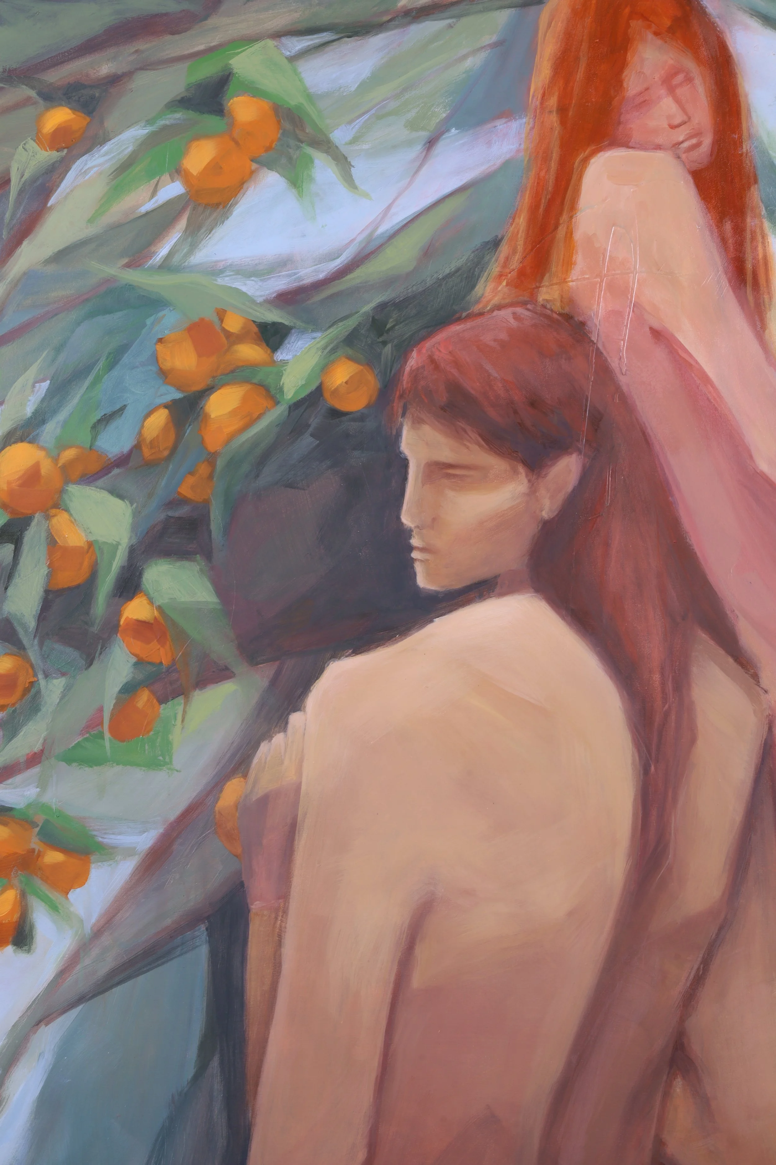 Painting of two figures with long hair, one with red hair and the other with brown hair, surrounded by green leaves and oranges.