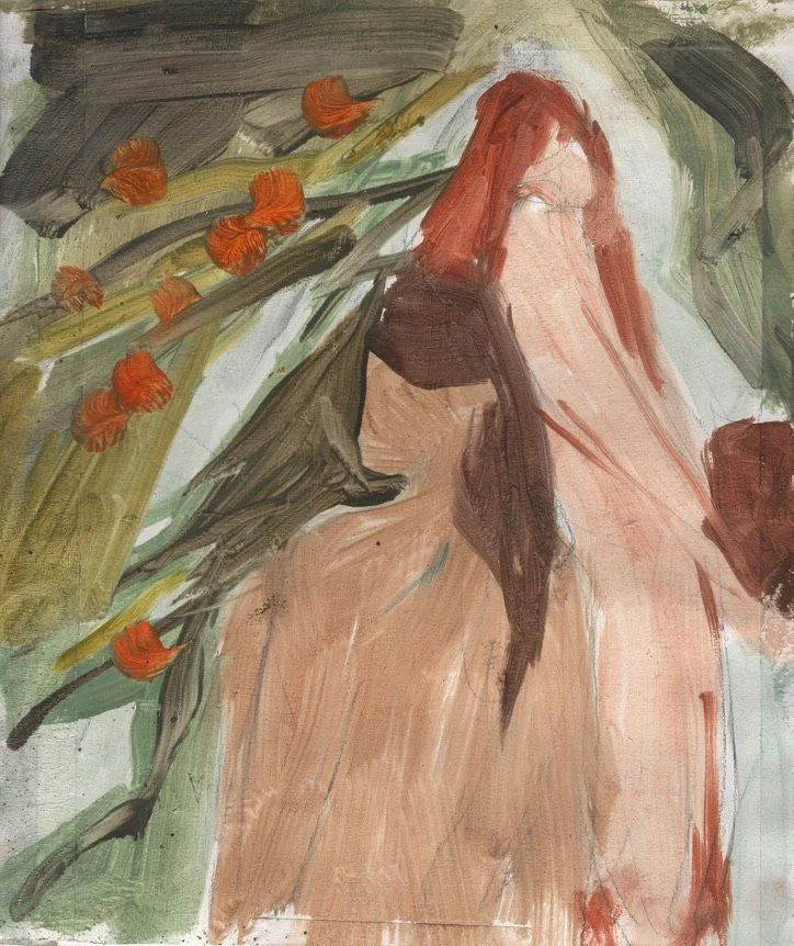 Abstract painting of a woman with long red hair and a man with long brown hair, with green leaves and roranges in the background.