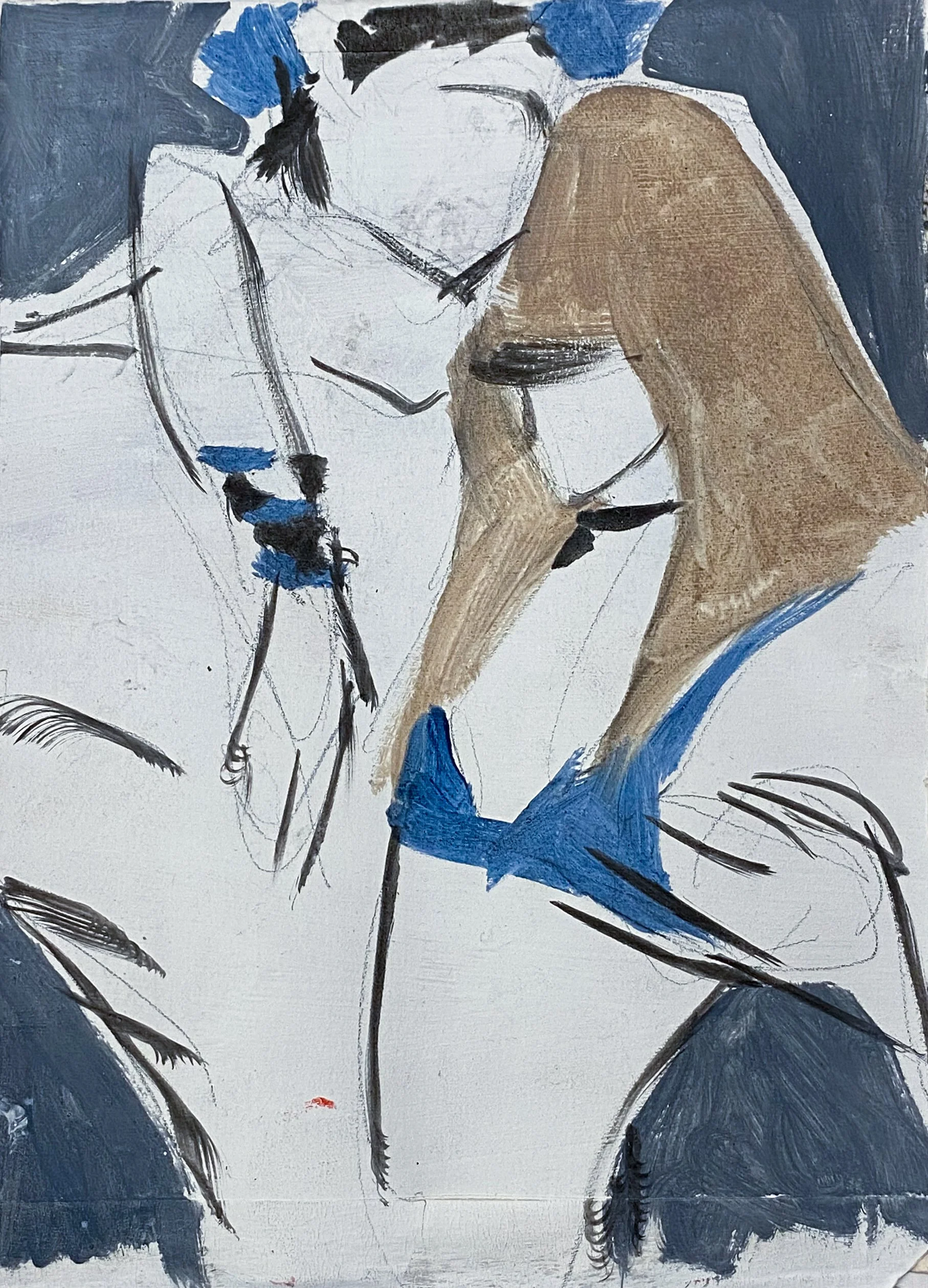 Abstract painting of a man and woman standing close together, with the woman's hair flowing down her shoulders. The woman is wearing a blue top and the man is wearing a police cap, shirtless.