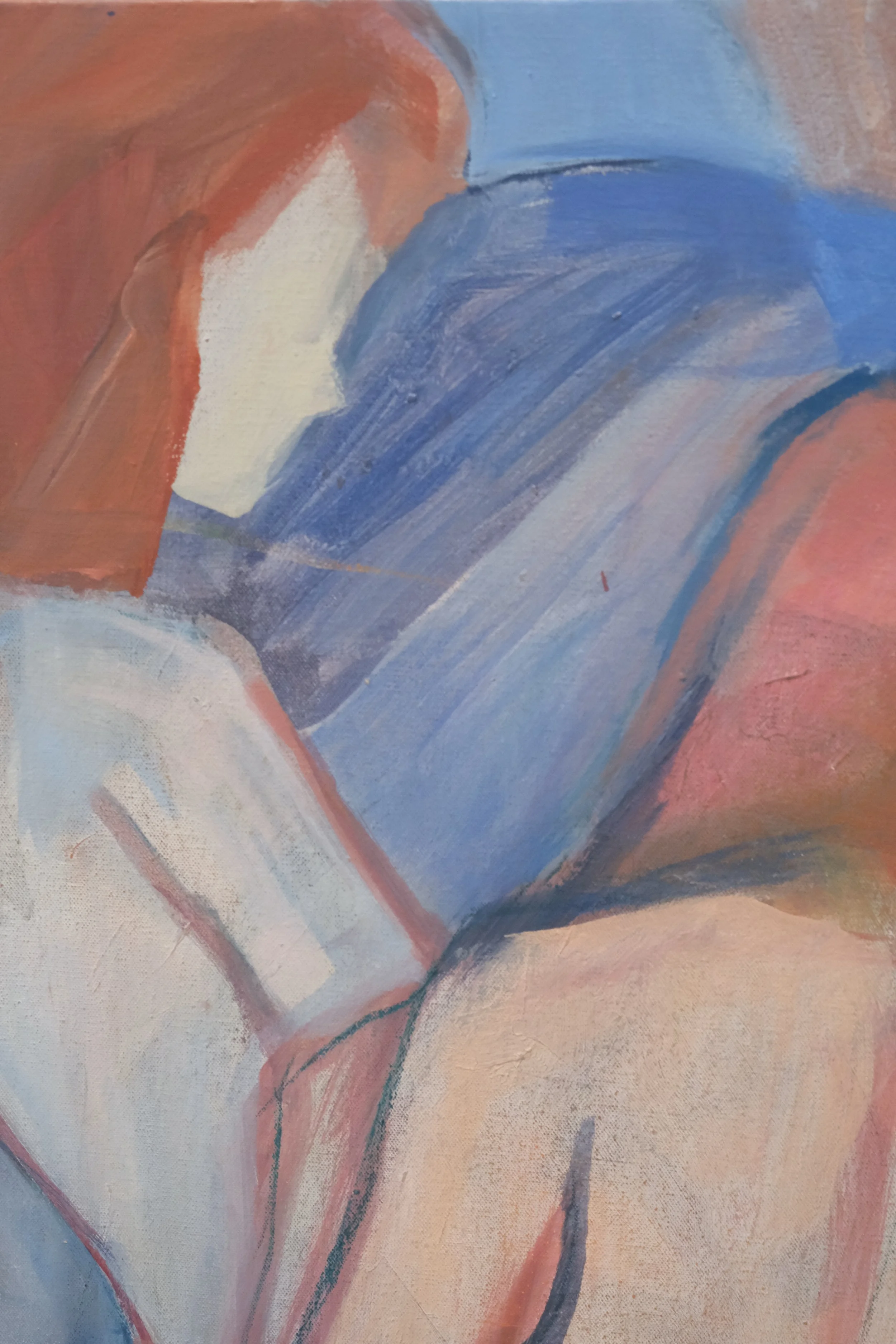 Close-up of abstract painting featuring a figure with reddish-brown hair reading a book with a blue cover, using expressive brushstrokes and warm colors.