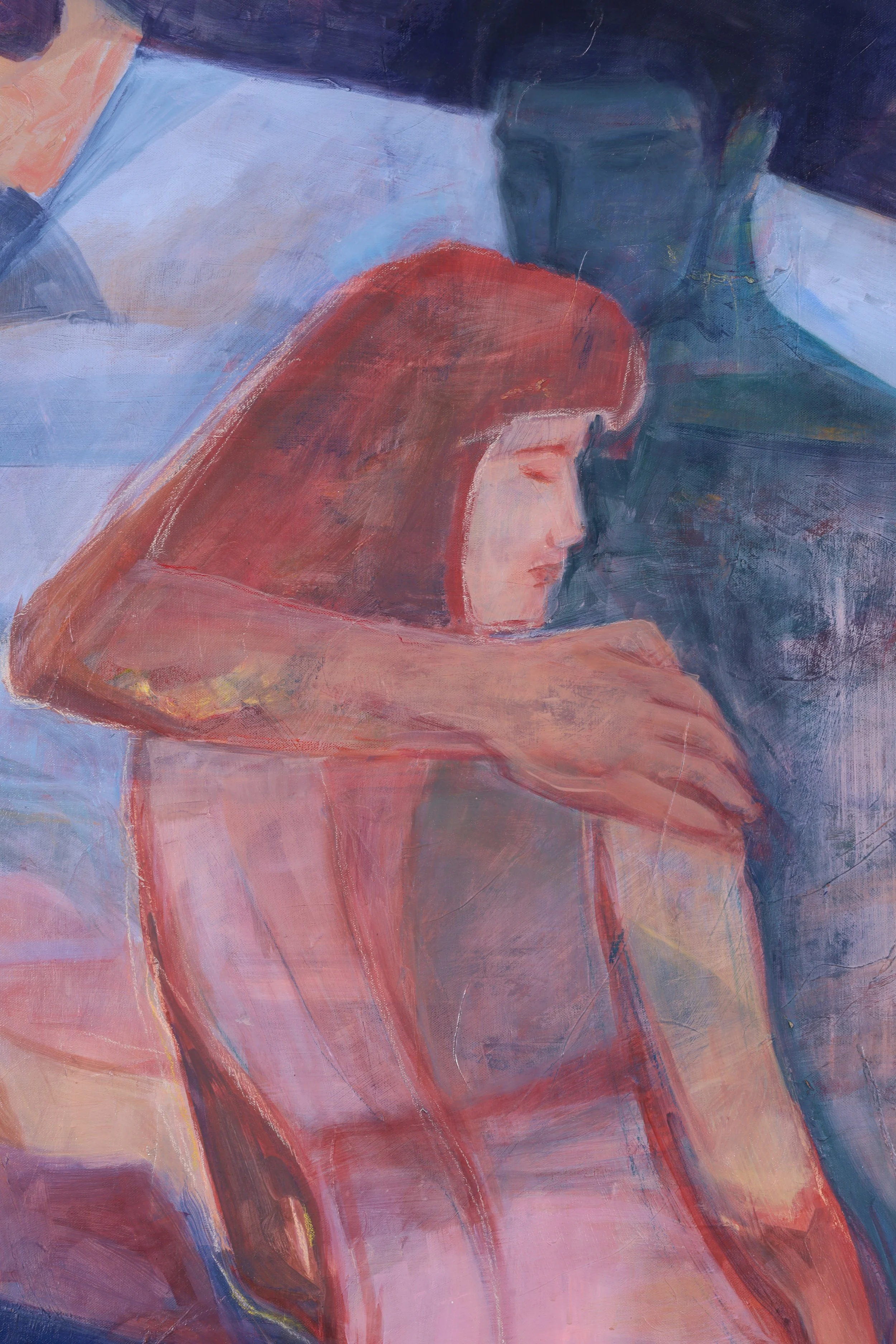 A painting of a woman with long hair and a shirt, with a man behind her, all depicted in an abstract style with flowing lines and muted colors.