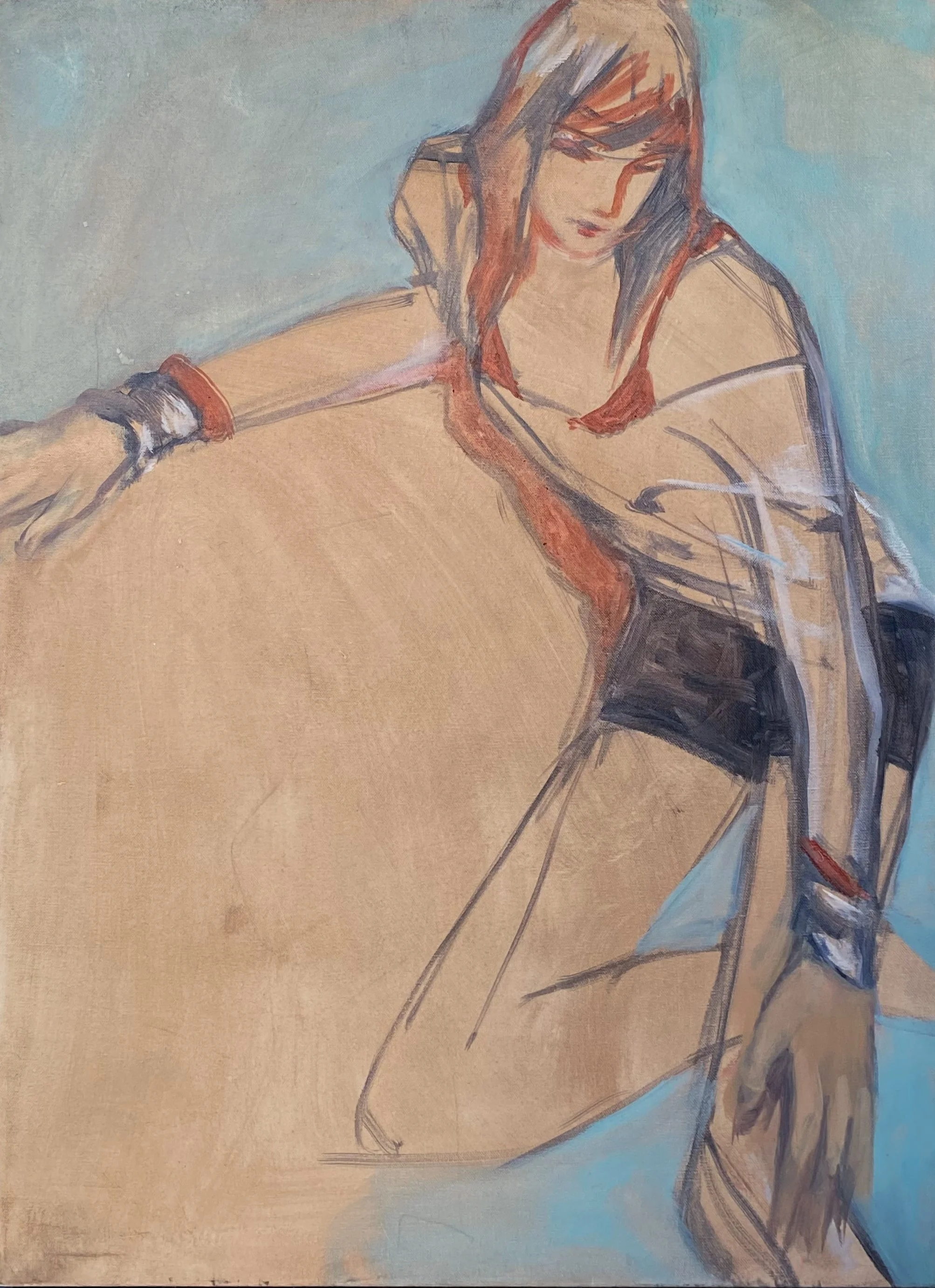 An artistic painting of a woman with shoulder-length hair leaning over an abstract shape, wearing an off shoulder top and black shorts, with a beige and turquoise background.