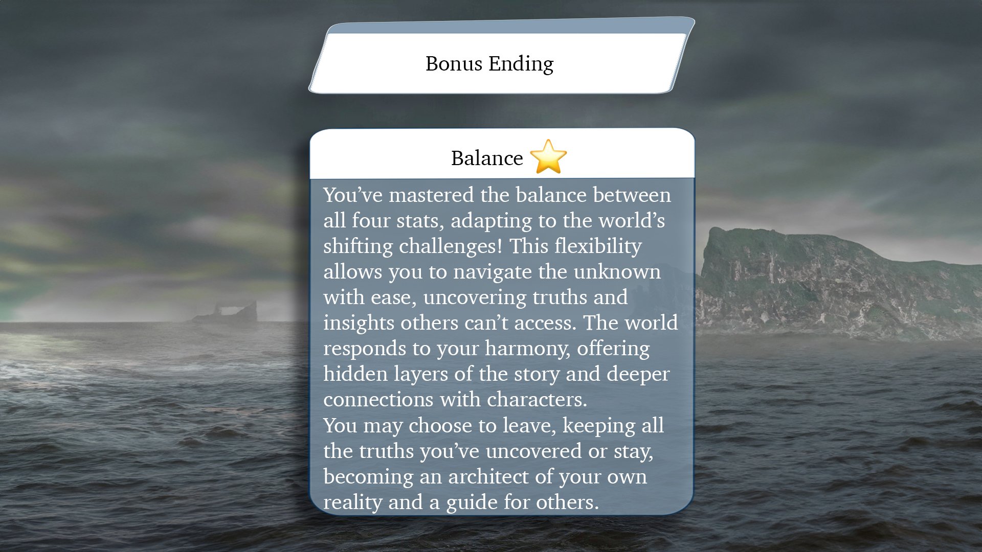 On a game screen titled 'Bonus Ending,' there is a paragraph about the 'Balance' achievement, describing mastery over four stats and their significance in navigating the world, uncovering truths, and deeper connections with characters, framed against