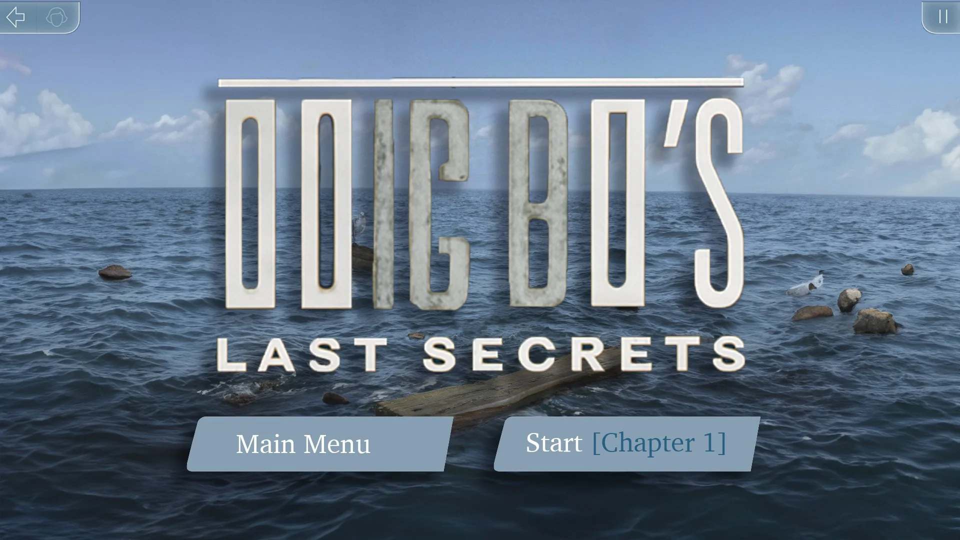 Image of the ocean with rocks and a log, overlaid with large text reading 'DIGG'S LAST SECRETS' and two buttons labeled 'Main Menu' and 'Start Chapter 1'.