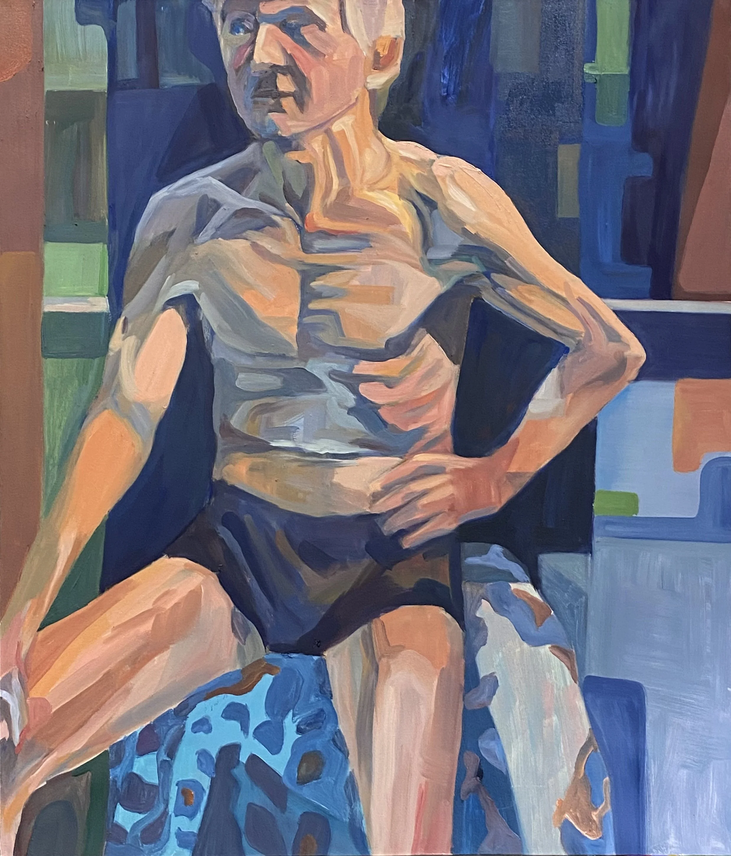 A painting of a shirtless man sitting with one arm resting on his leg and the other hand on his waist, with colorful abstract background.