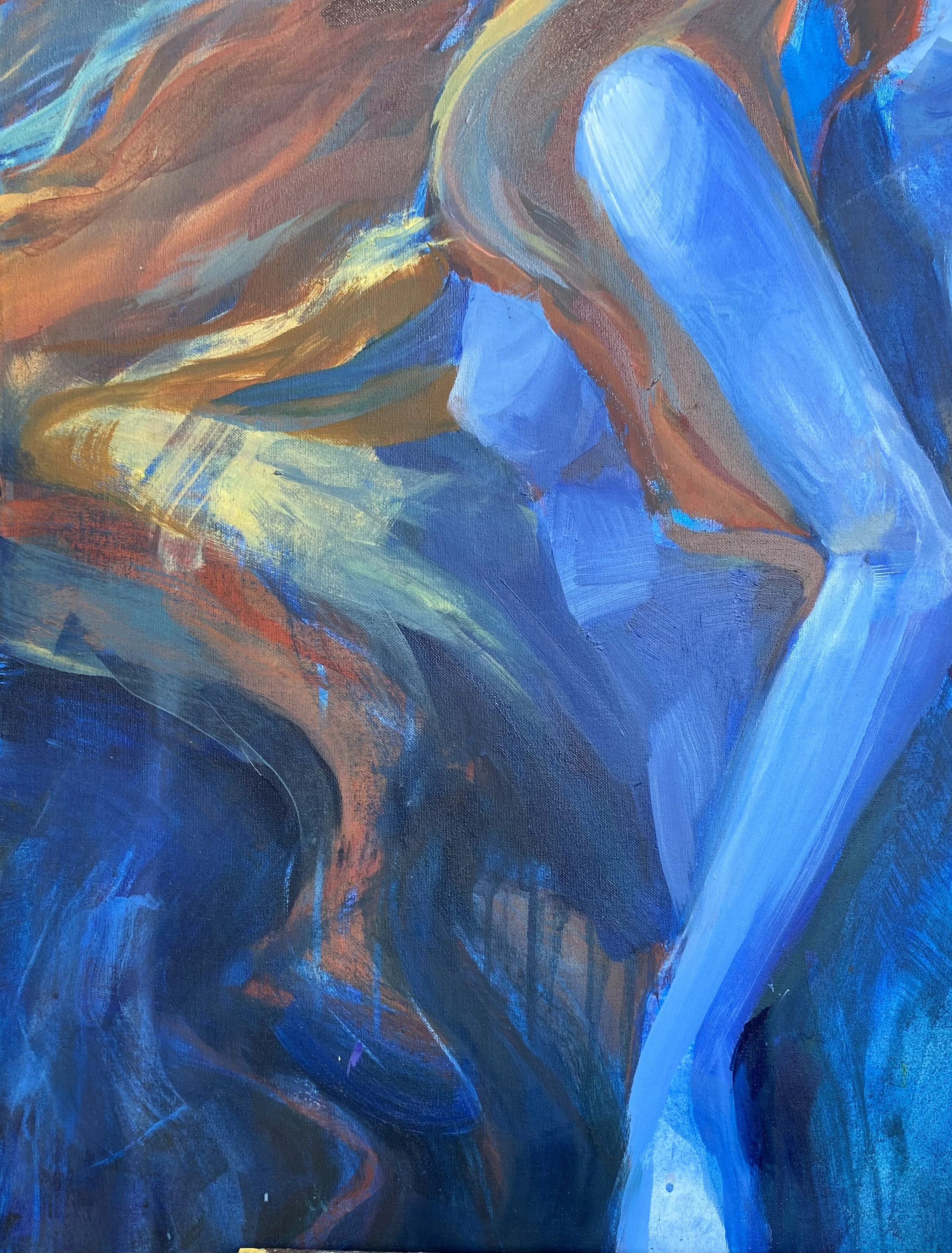 Abstract painting with shades of blue, orange, yellow, and green in swirling, flowing brushstrokes.