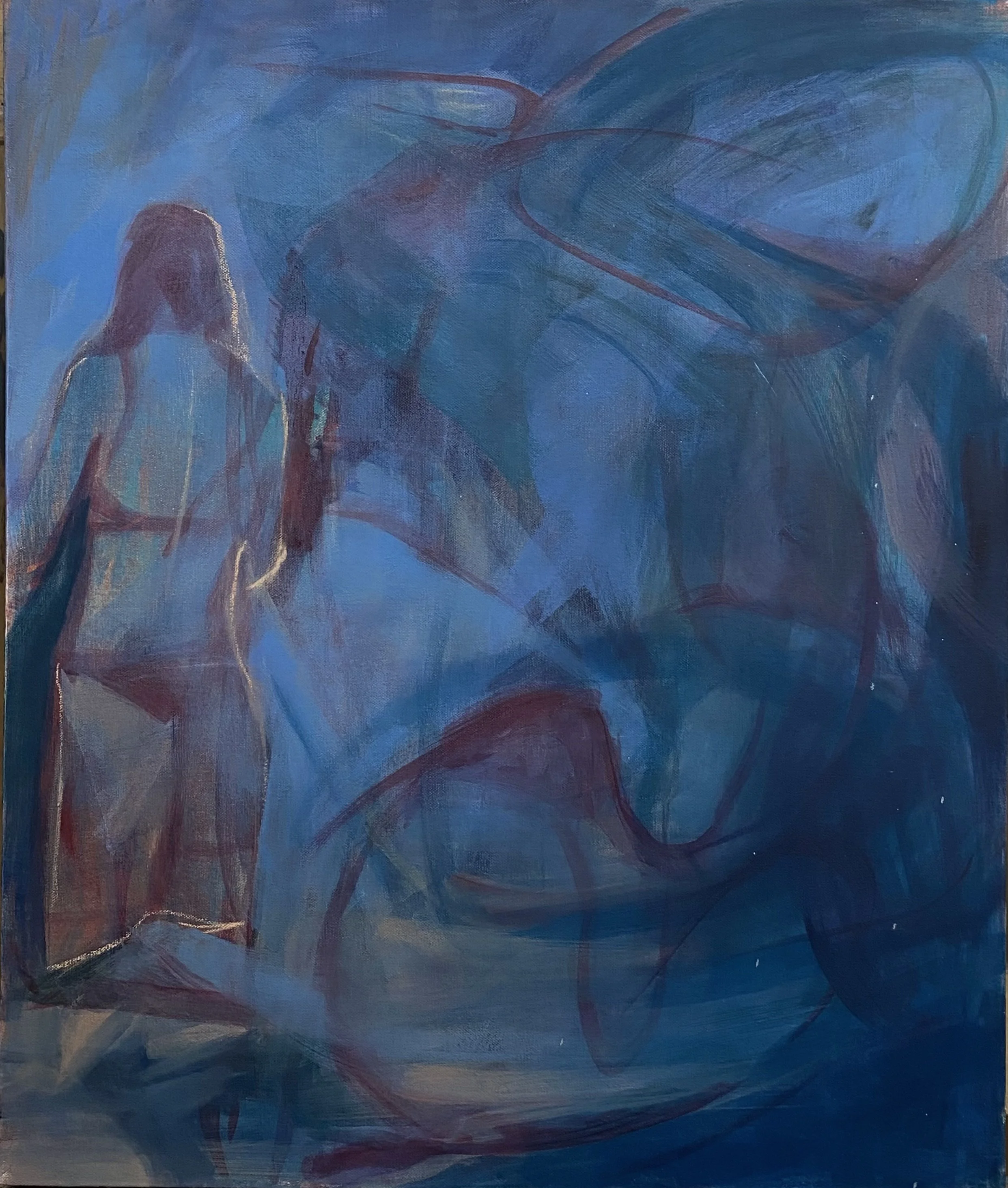 An abstract painting featuring a blue-toned background with a faint outline of a woman and various swirling lines