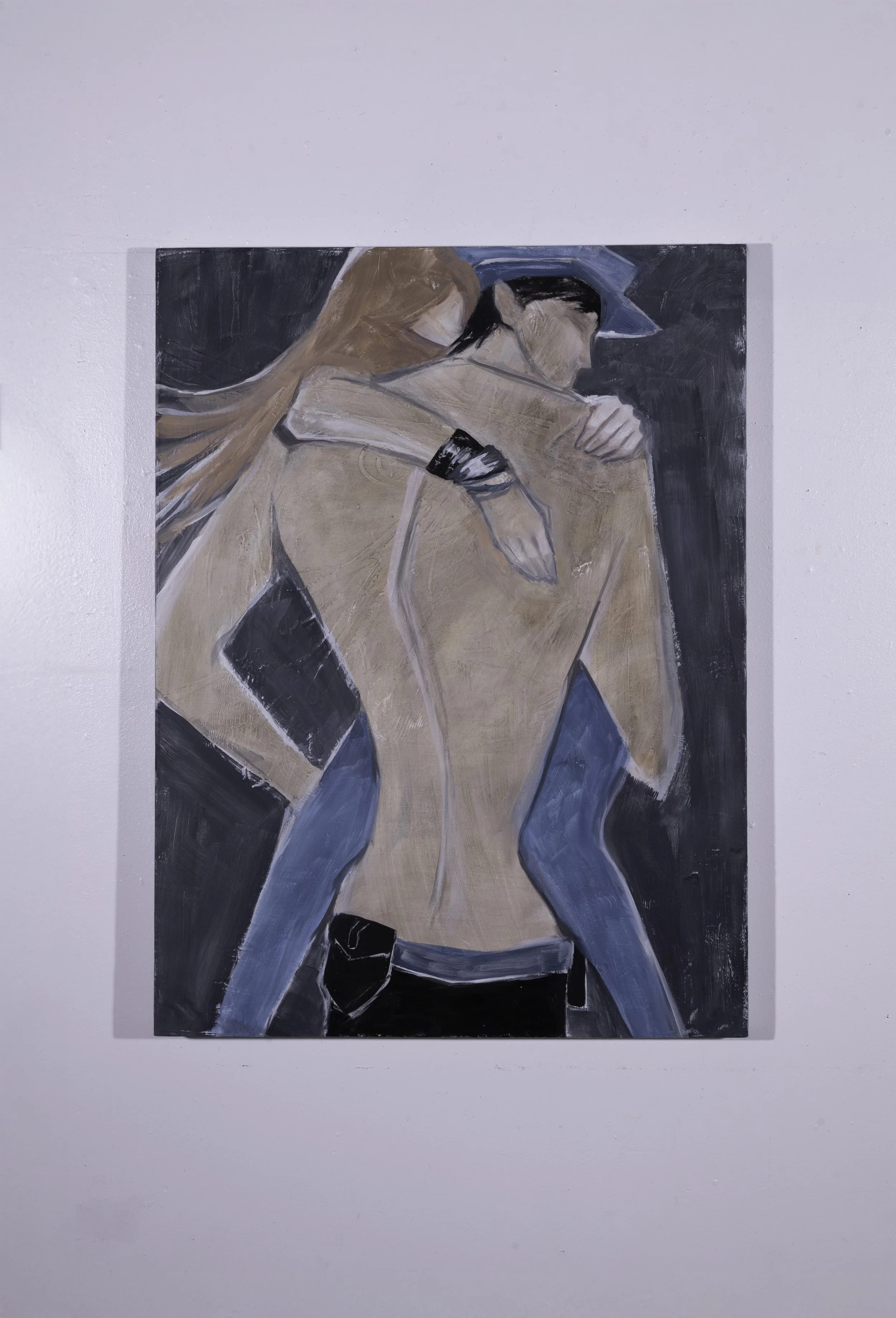Semi-abstract painting of a man viewed from the back, holding a woman dark background. The woman is wearing blue jeans, and the man is wearing a police cap, shirtless.