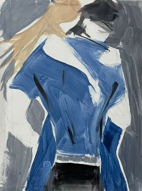 Semi-abstract painting of a man viewed from the back, holding a woman, dark background. The woman is wearing blue jeans, and the man is wearing a blue shirt, black pants, and a police cap.