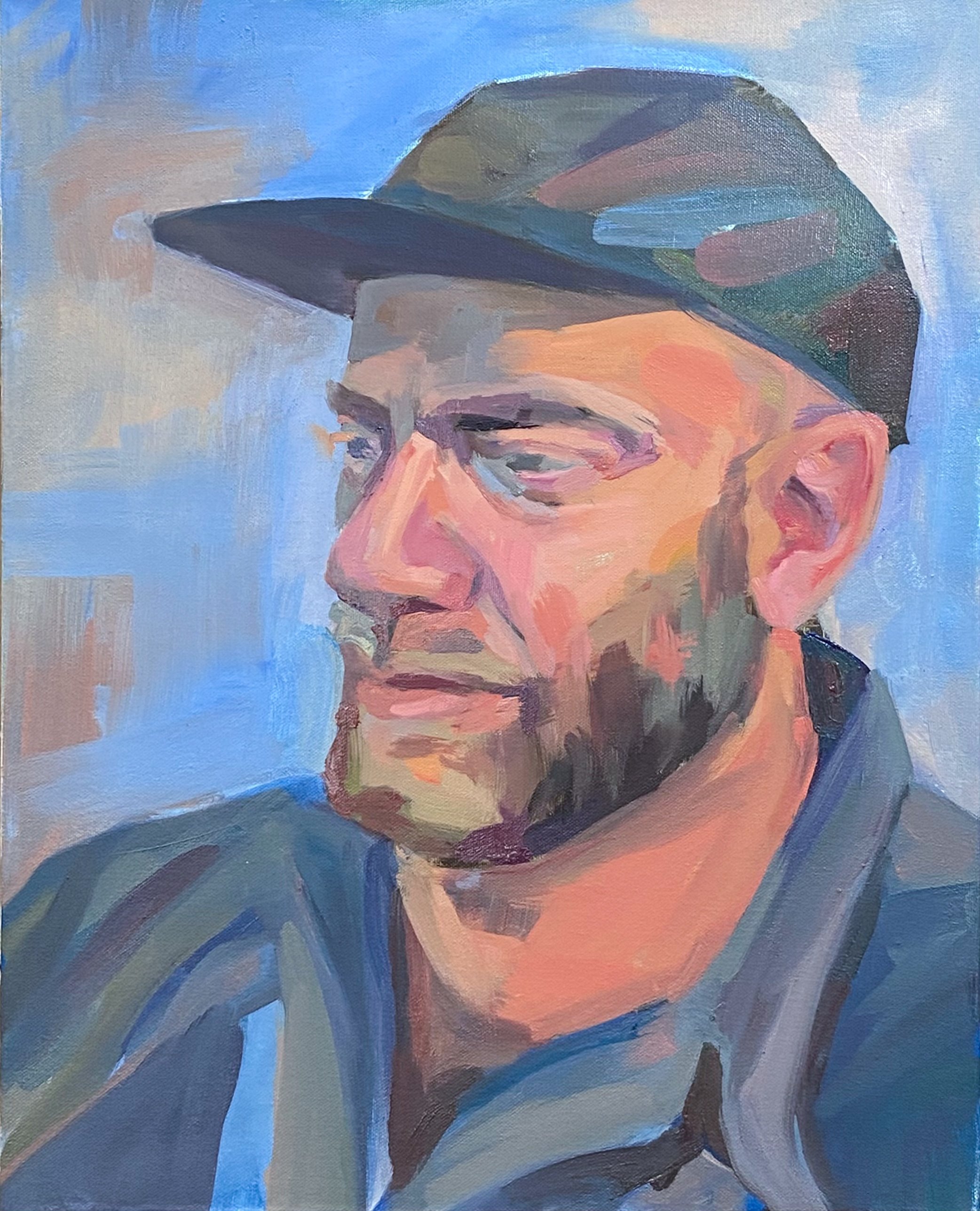 Painting of a man with a beard wearing a cap, looking to the side with a blue background.