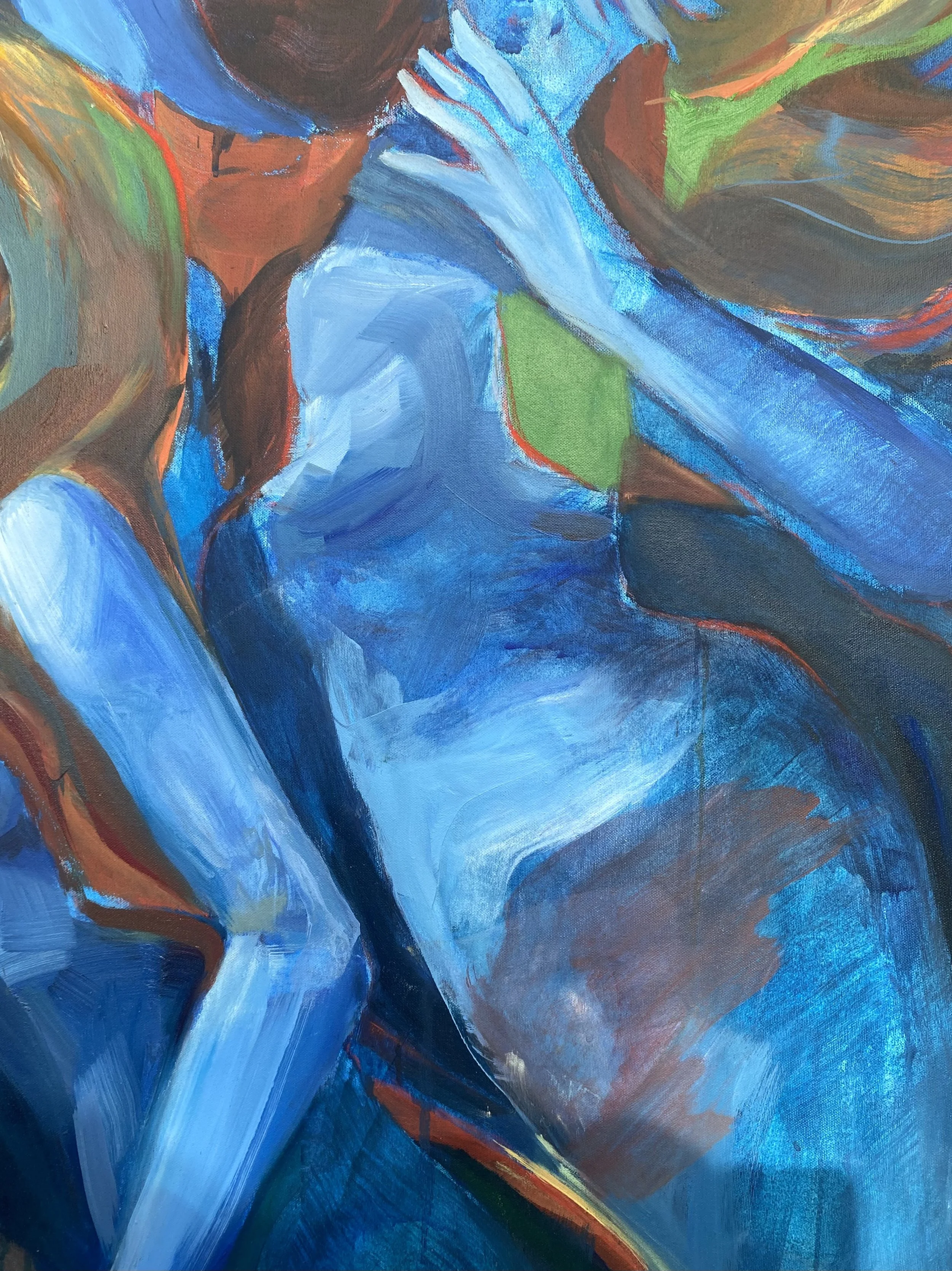 Abstract painting featuring vibrant shades of blue, green, brown, and orange with fluid, expressive brushstrokes, depicting a stylized human figure in a contemplative pose.
