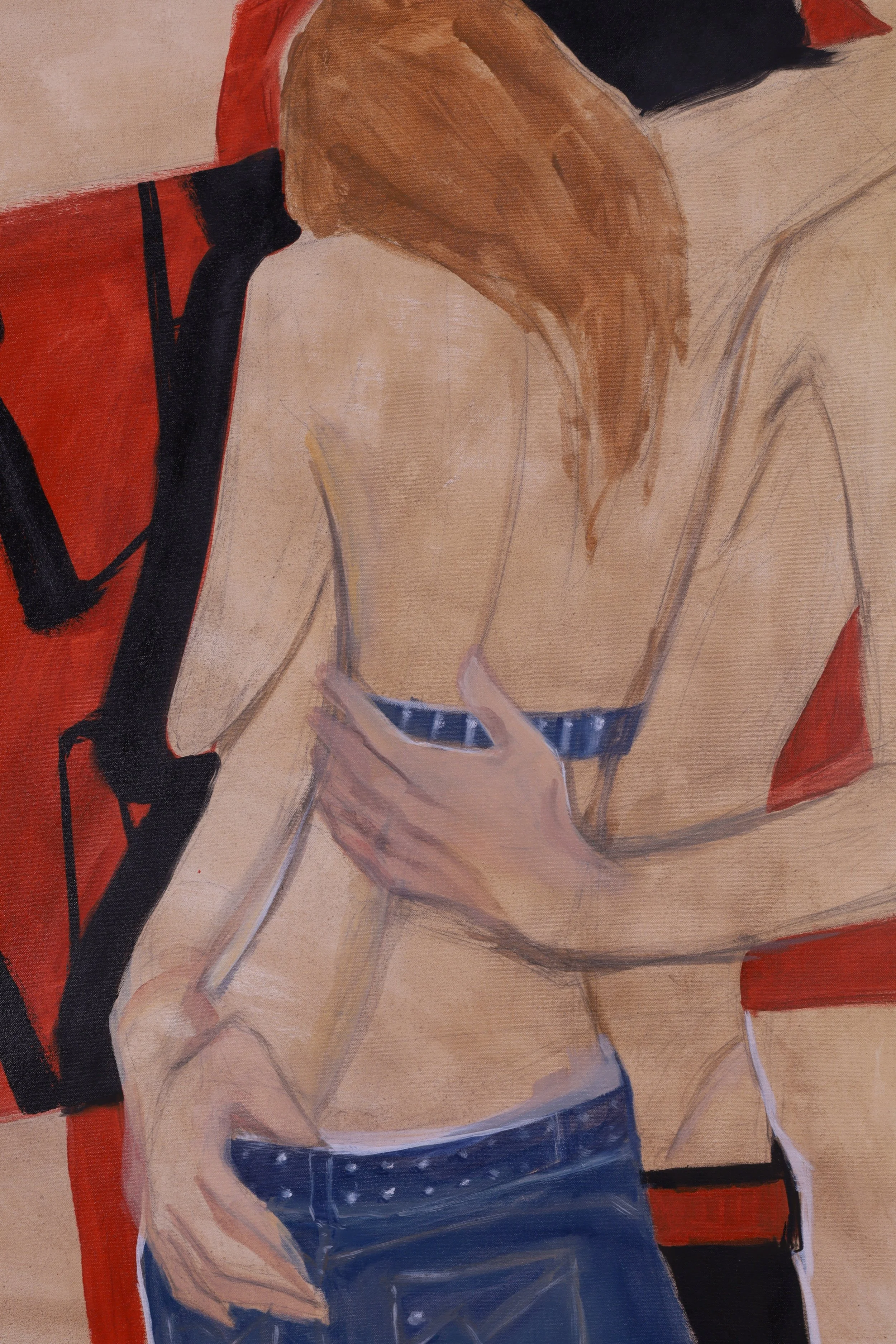 A painting of a woman with long blonde hair, wearing blue jeans and top, viewed from back, with her hands hugging a man. There is a red background with black text that reads as "RAW".