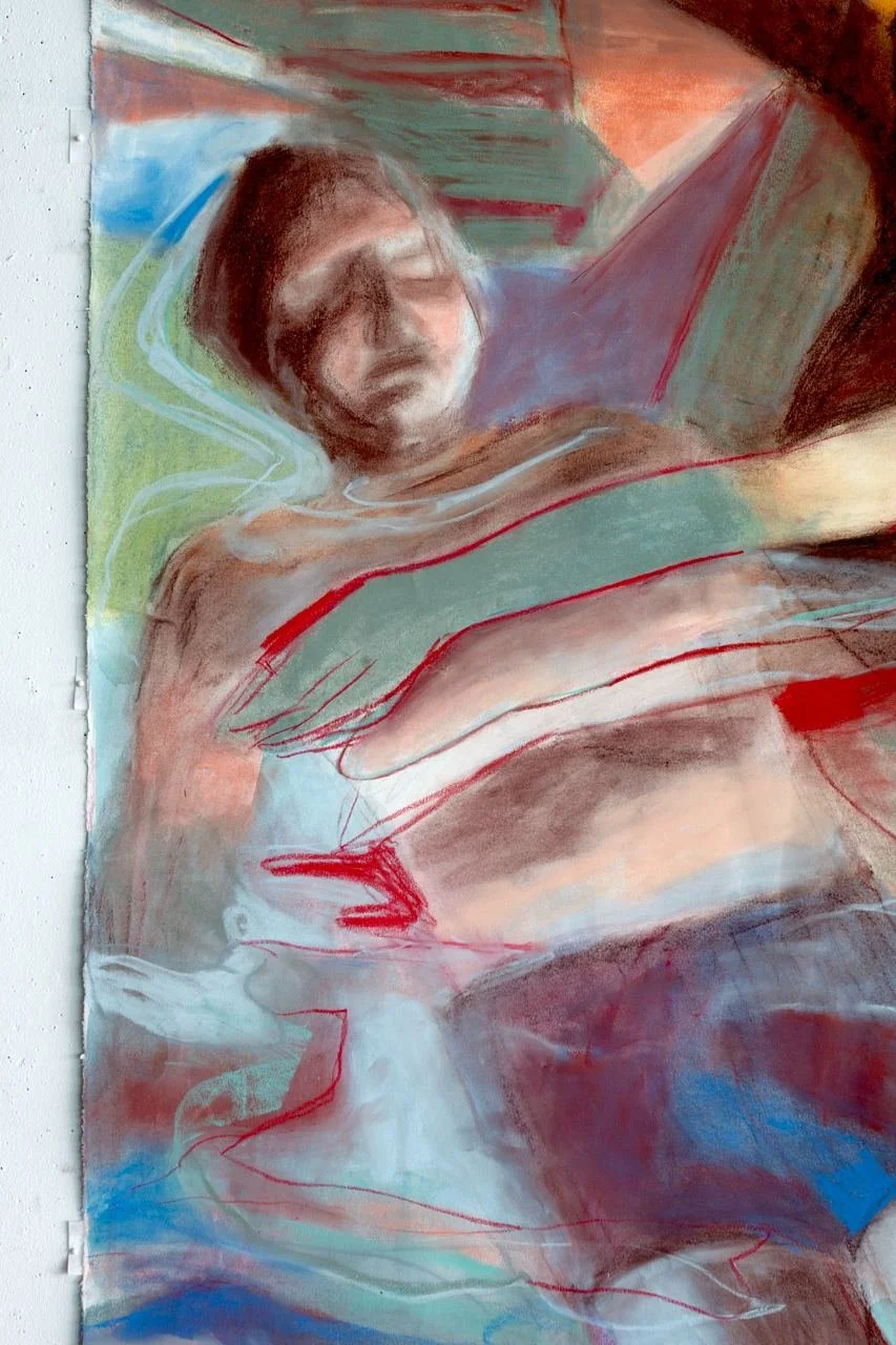 An abstract painting of a person with medium-length hair, lying down with their head tilted back and eyes closed. The artwork features soft, blurred facial features and a mix of earthy tones, with red and blue lines accentuating the composition.