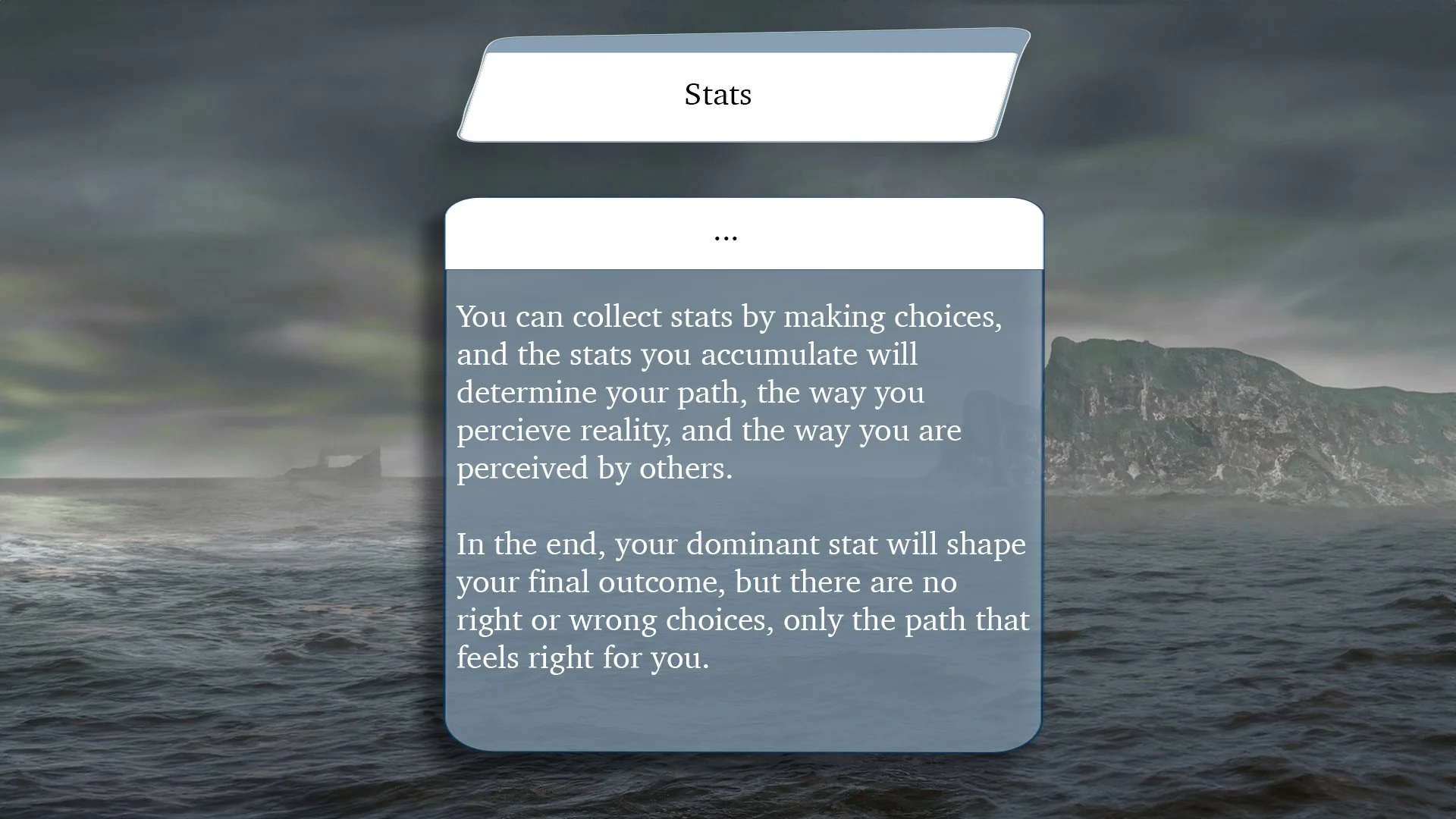 A digital screen displaying a message about collecting stats, with a background of a cloudy sky over a body of water and distant islands or mountains.