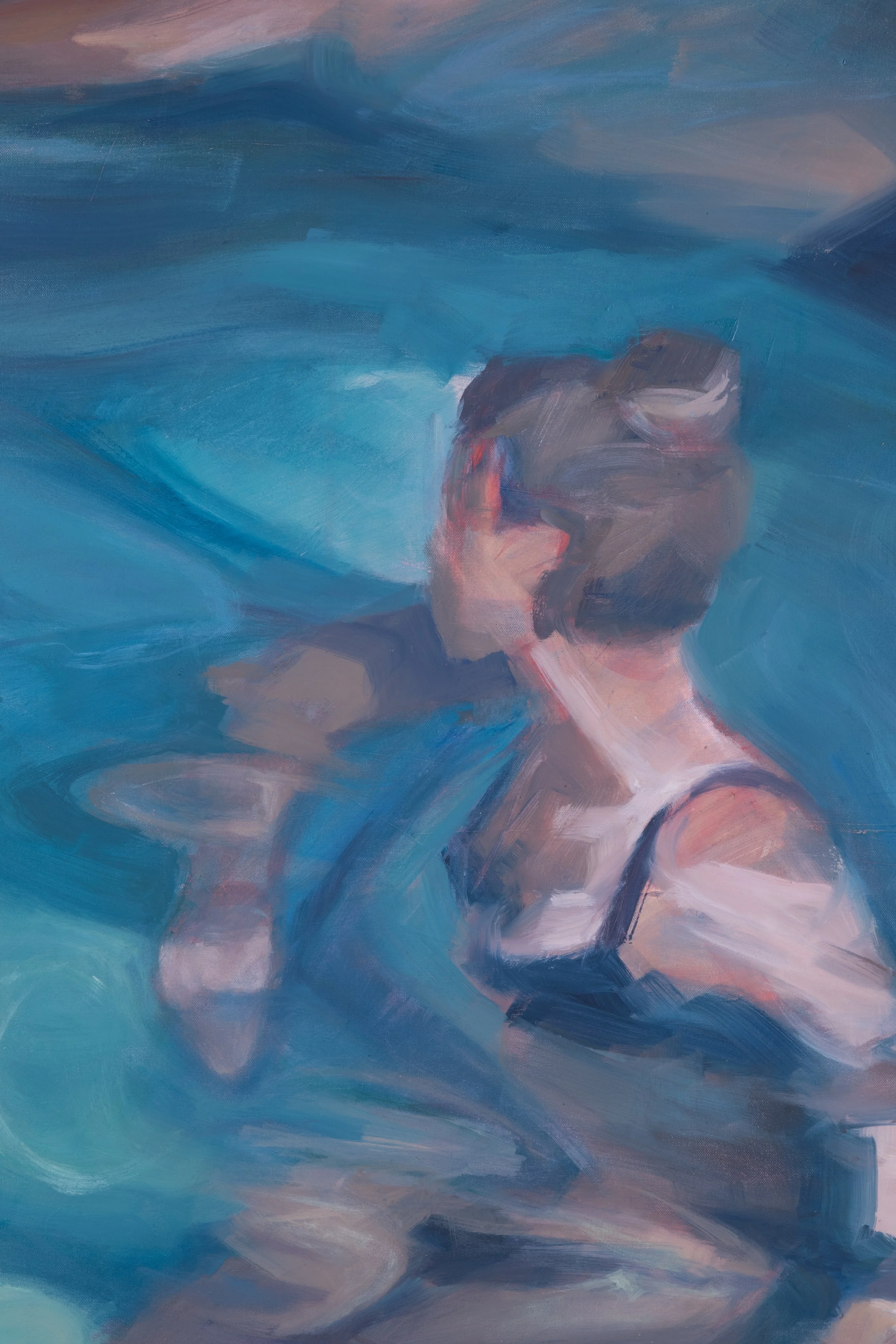 Abstract painting of a woman sitting in a pool with her back turned, wearing a black swimsuit and her hair in a bun.