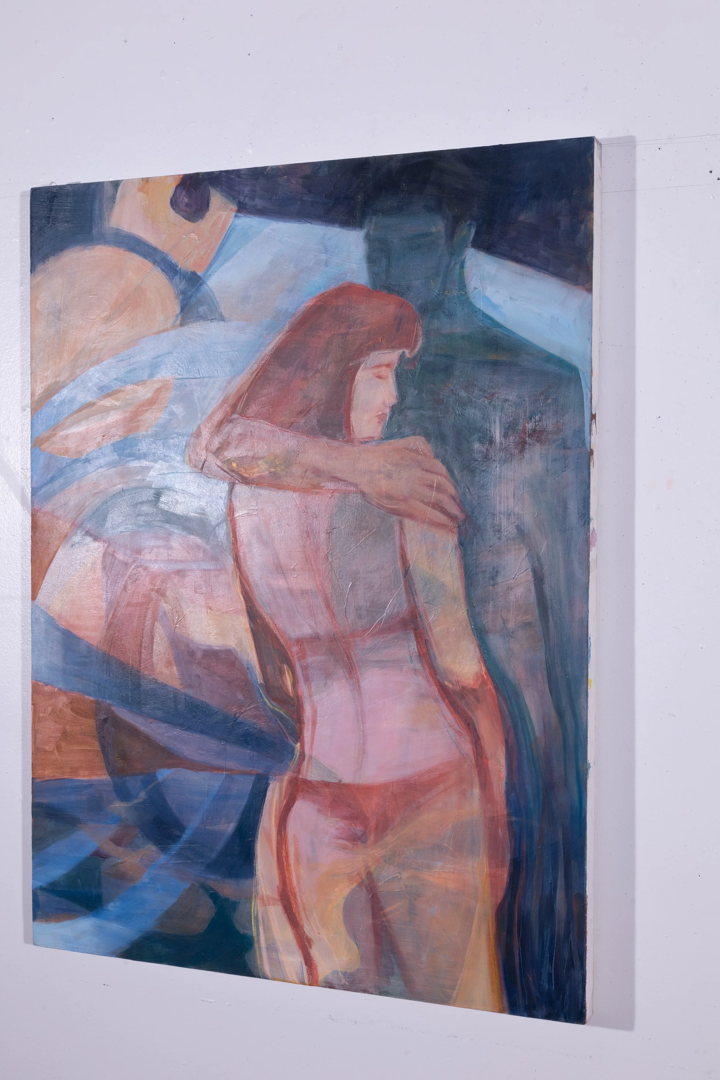 A painting of a woman with long hair and a shirt, with a man behind her, all depicted in an abstract style with flowing lines and muted colors.