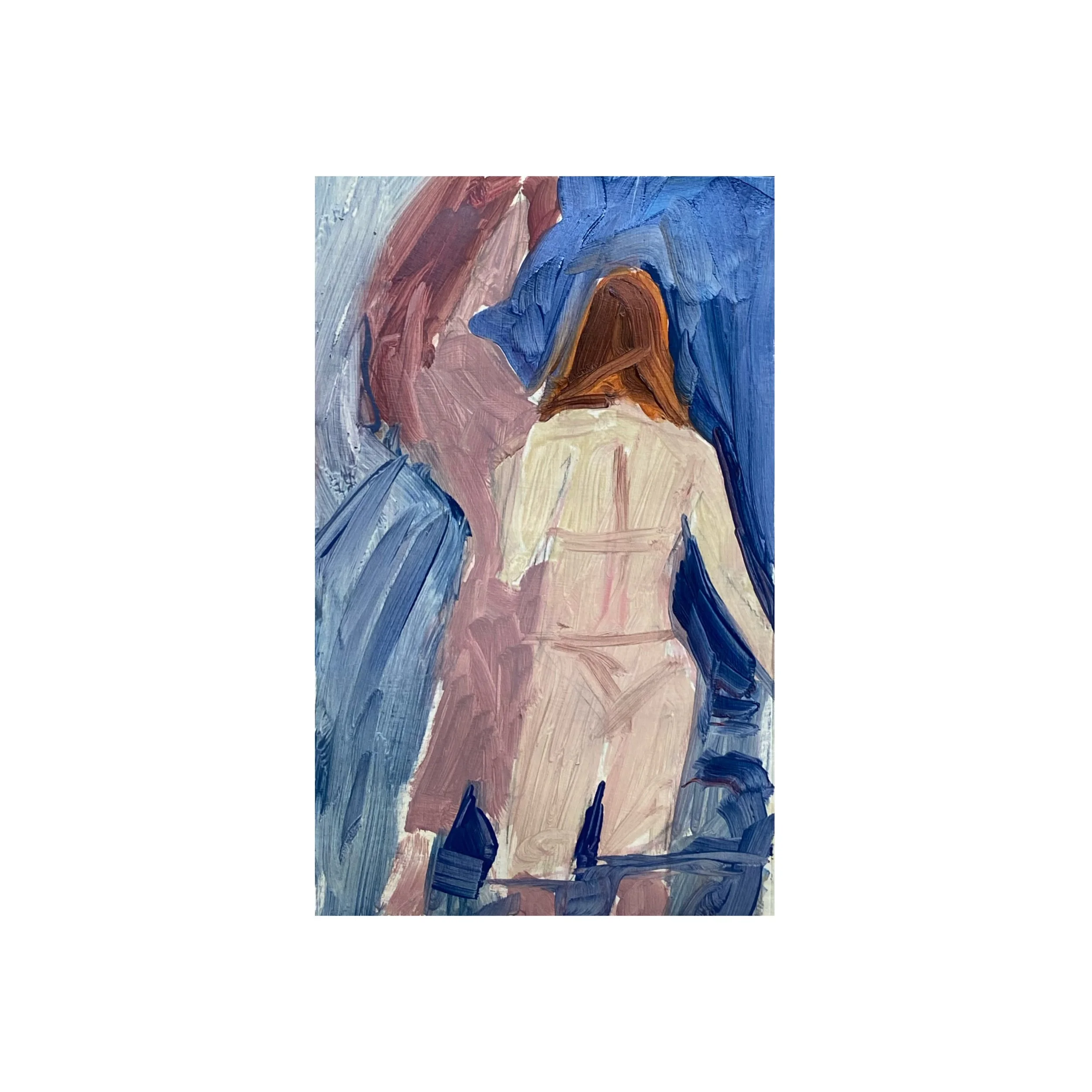 Abstract painting of a woman with brown hair, seen from behind, in nude-colored attire, surrounded by blue, brown, and pink brushstrokes.