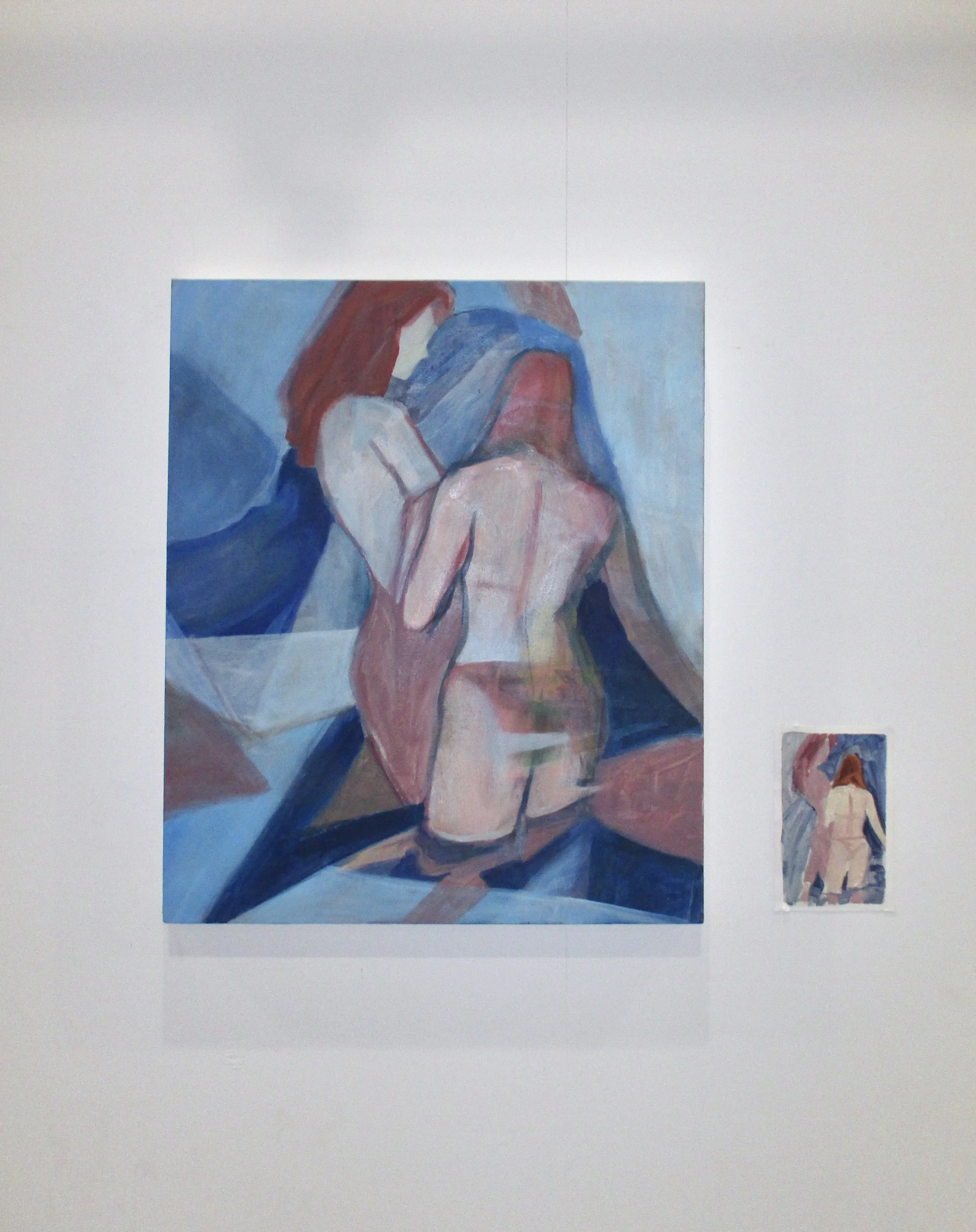 Semi-abstract painting of two women in swimsuits surrounded by abstract water inspired imagery.